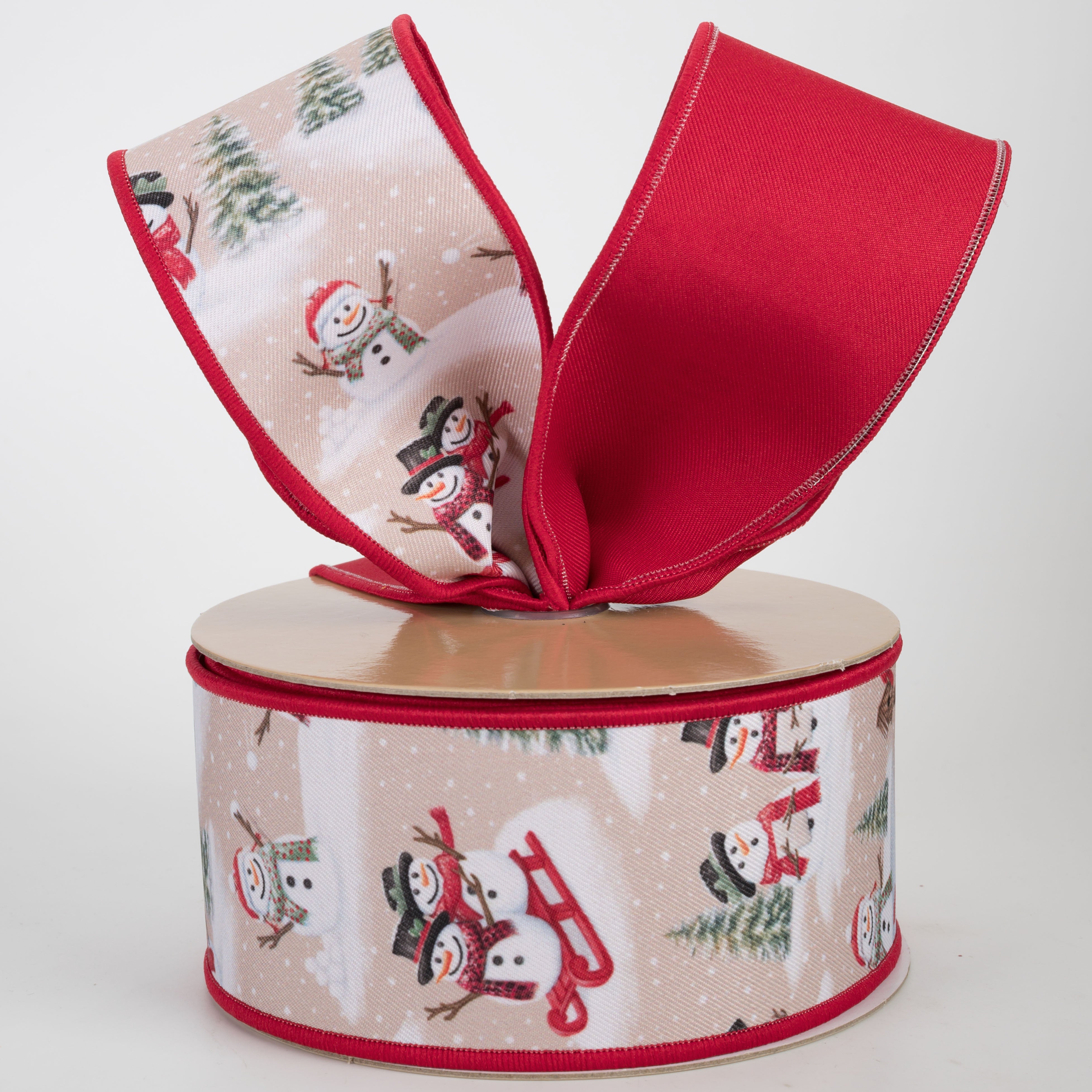 2.5" Double Sided Fused Frolicking Snowmen Ribbon: Red (10 Yards)
