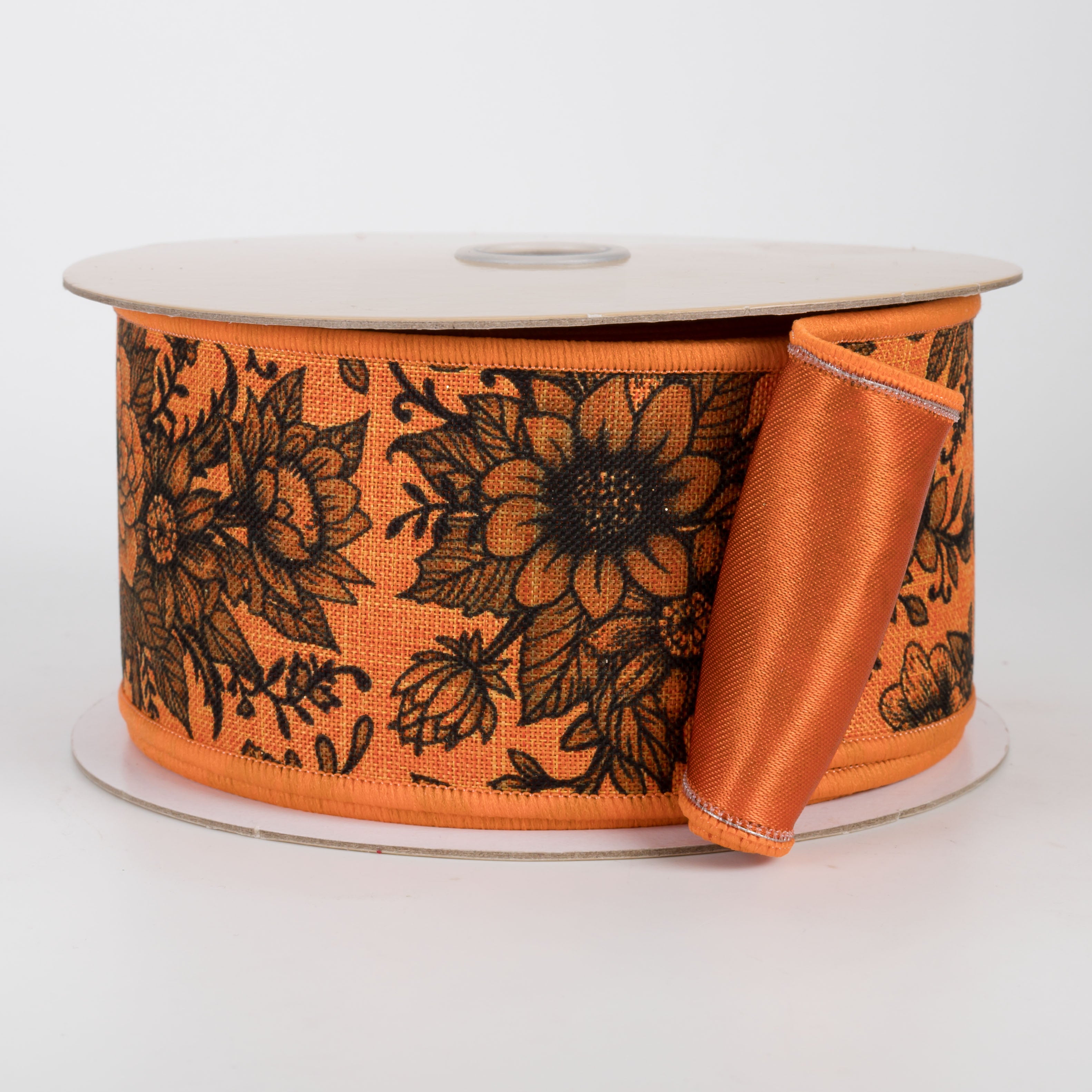 2.5" Double Sided Fused Chinoiserie Floral Ribbon: Orange & Black (10 Yards)