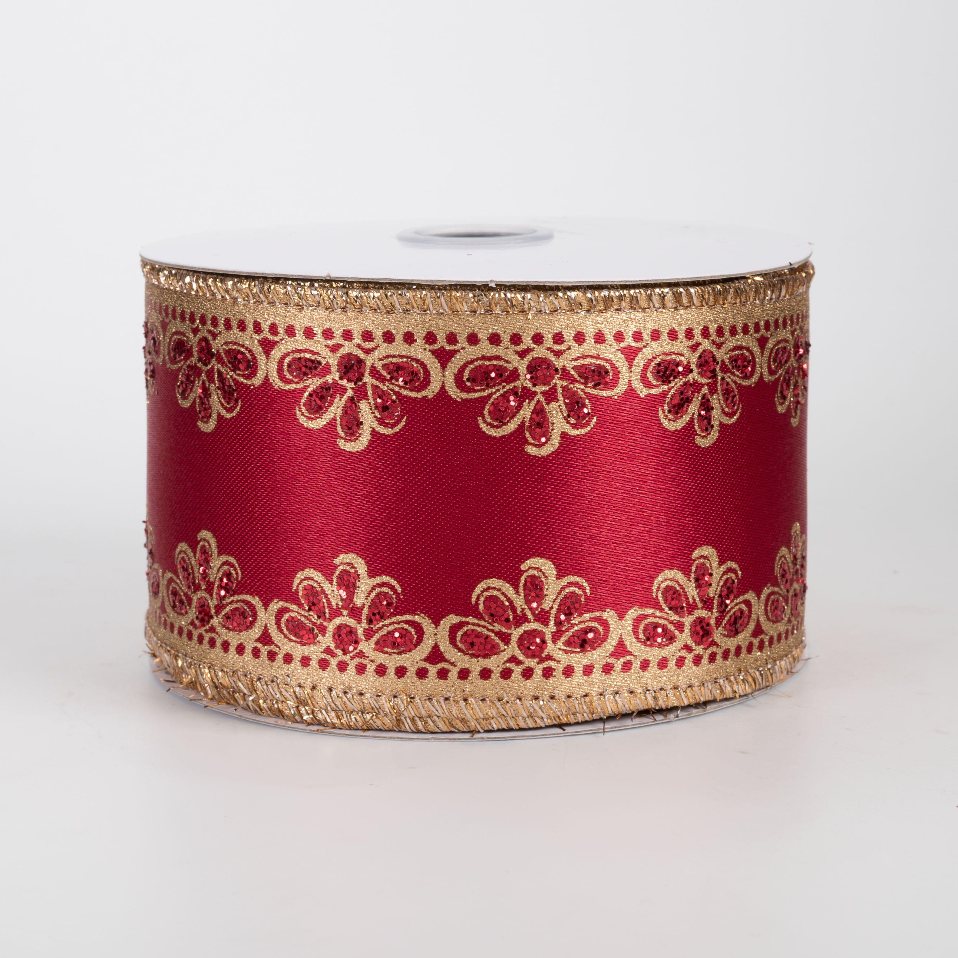 2.5" Lux Scalloped Trim Ribbon: Gold on Red (10 Yards)