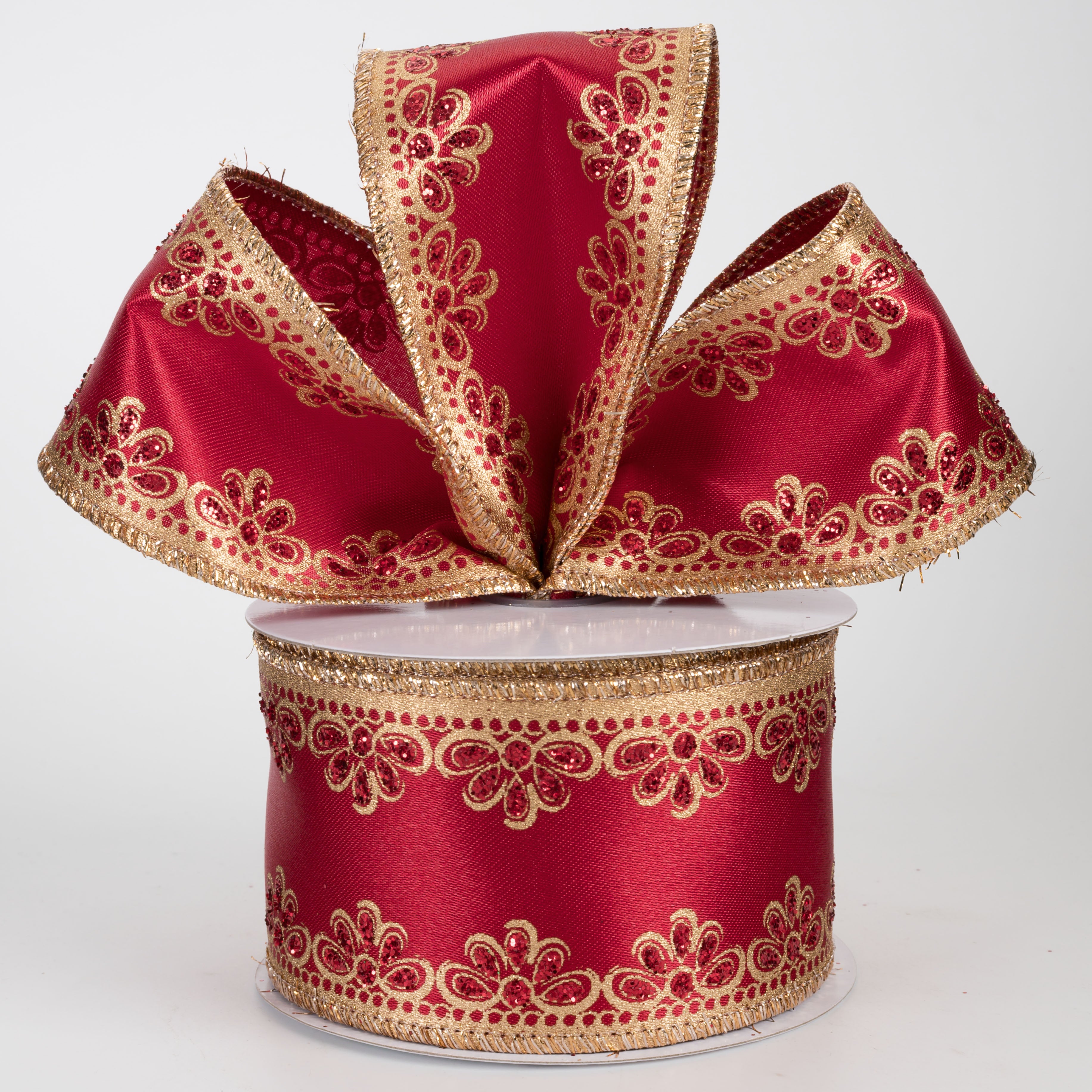 2.5" Lux Scalloped Trim Ribbon: Gold on Red (10 Yards)