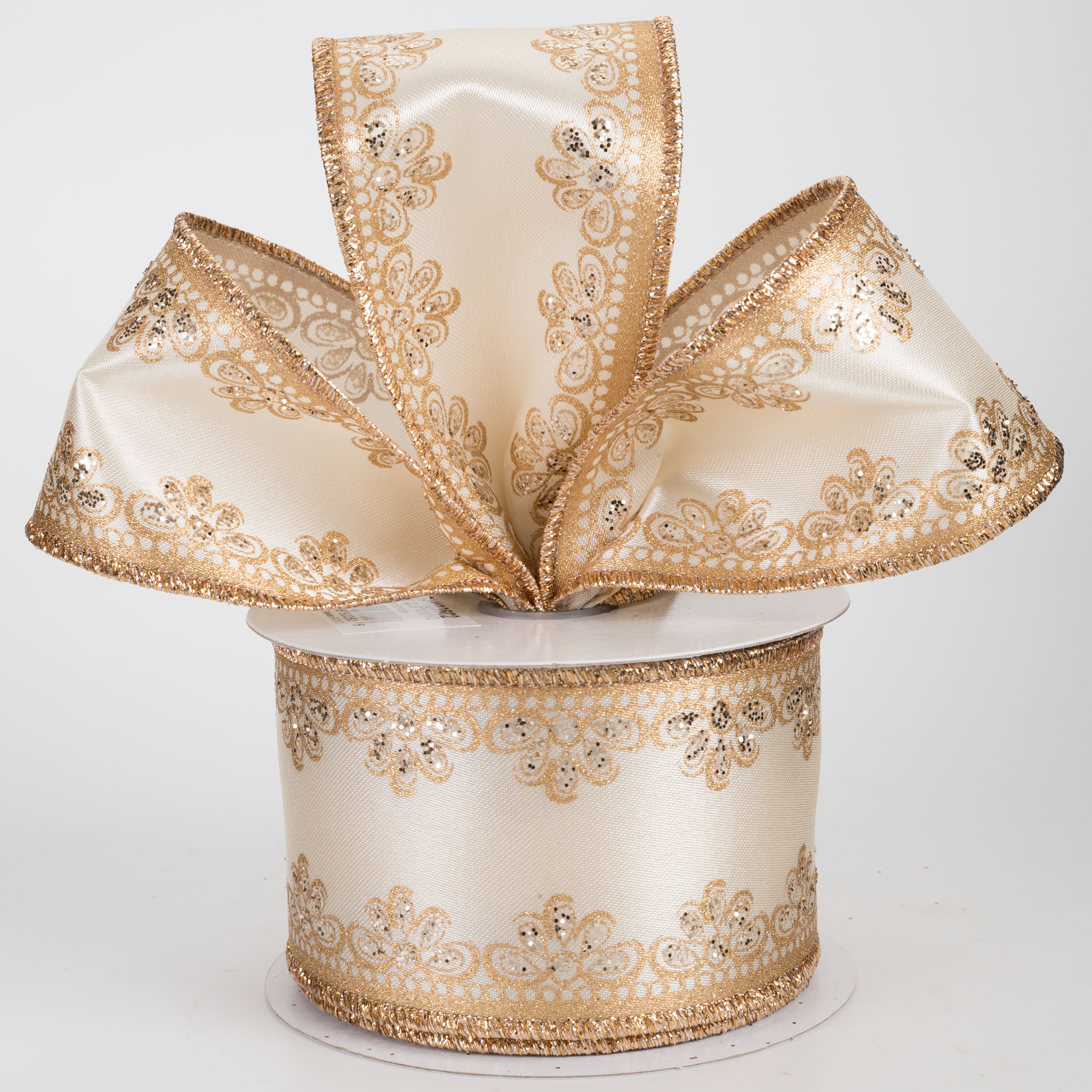 2.5" Lux Scalloped Trim Ribbon: Gold on Cream (10 Yards)