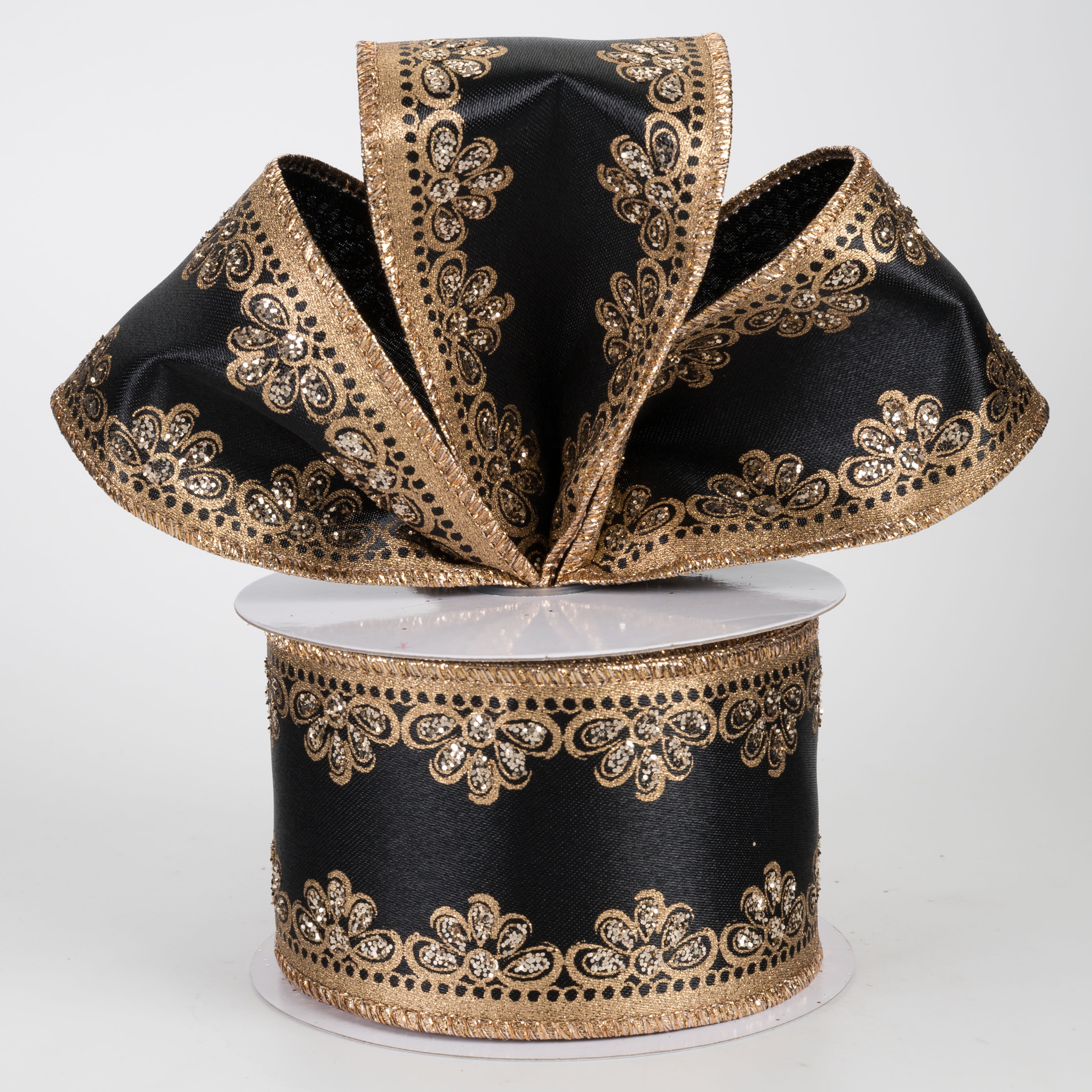 2.5" Lux Scalloped Trim Ribbon: Gold on Black (10 Yards)