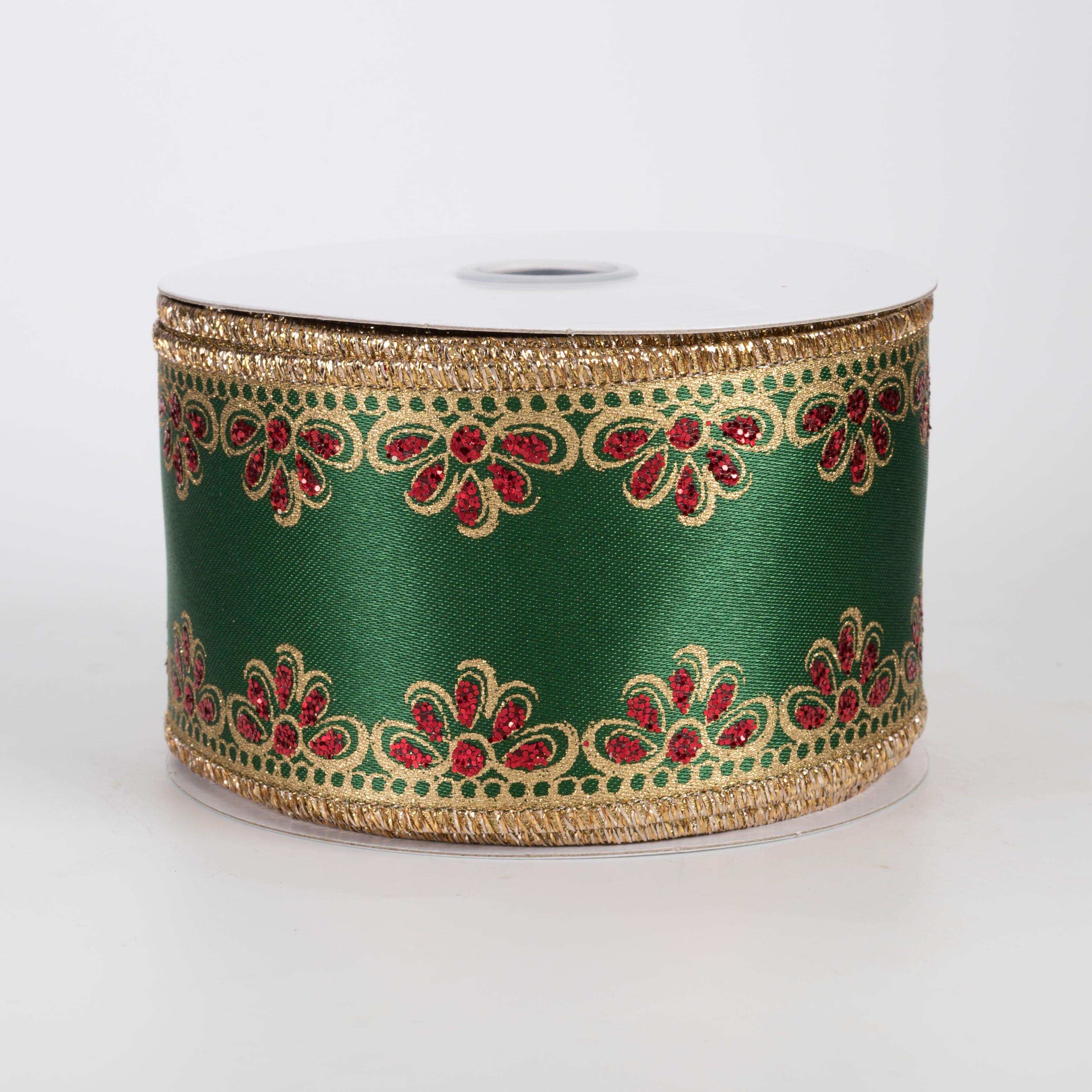 2.5" Lux Scalloped Trim Ribbon: Gold & Red on Emerald (10 Yards)