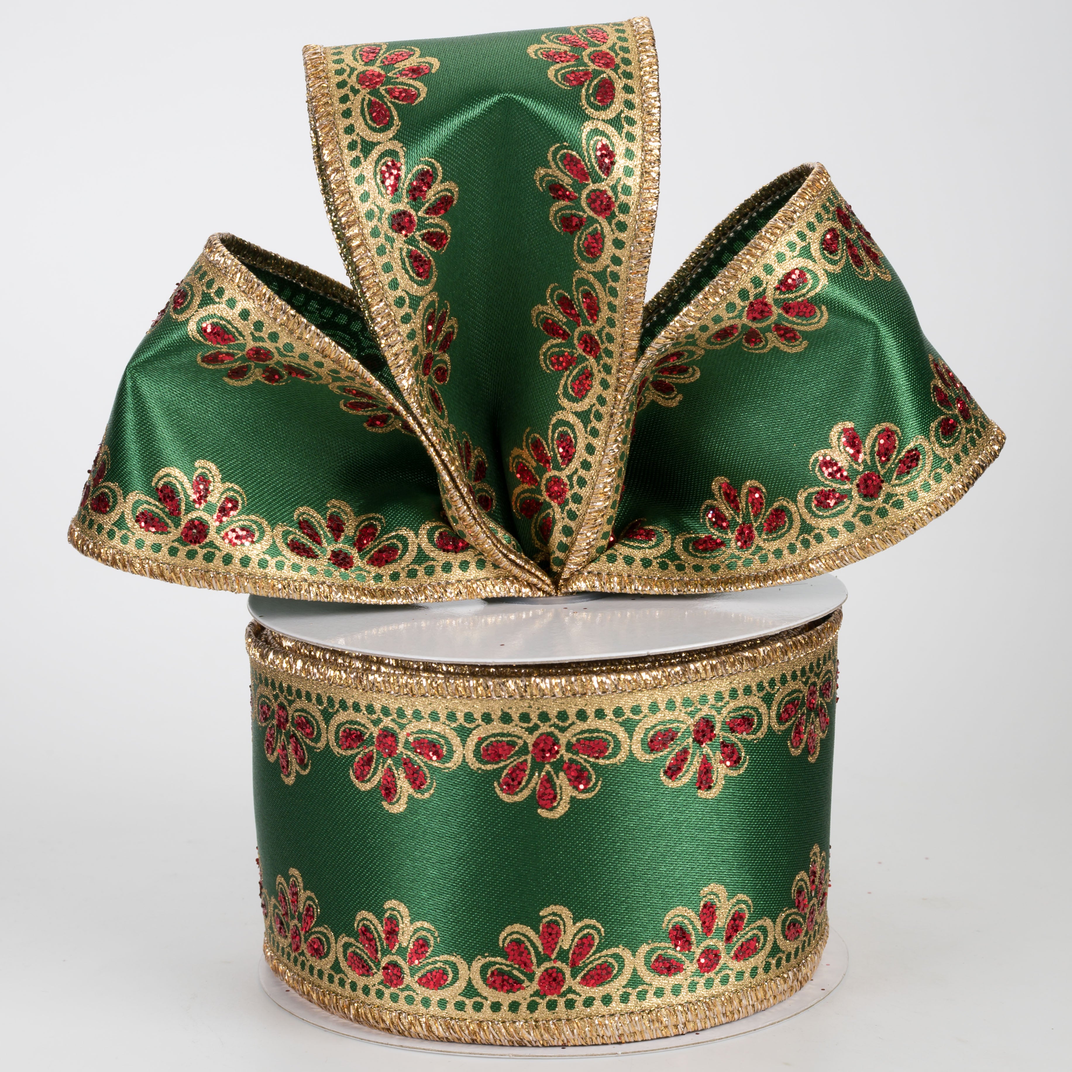2.5" Lux Scalloped Trim Ribbon: Gold & Red on Emerald (10 Yards)