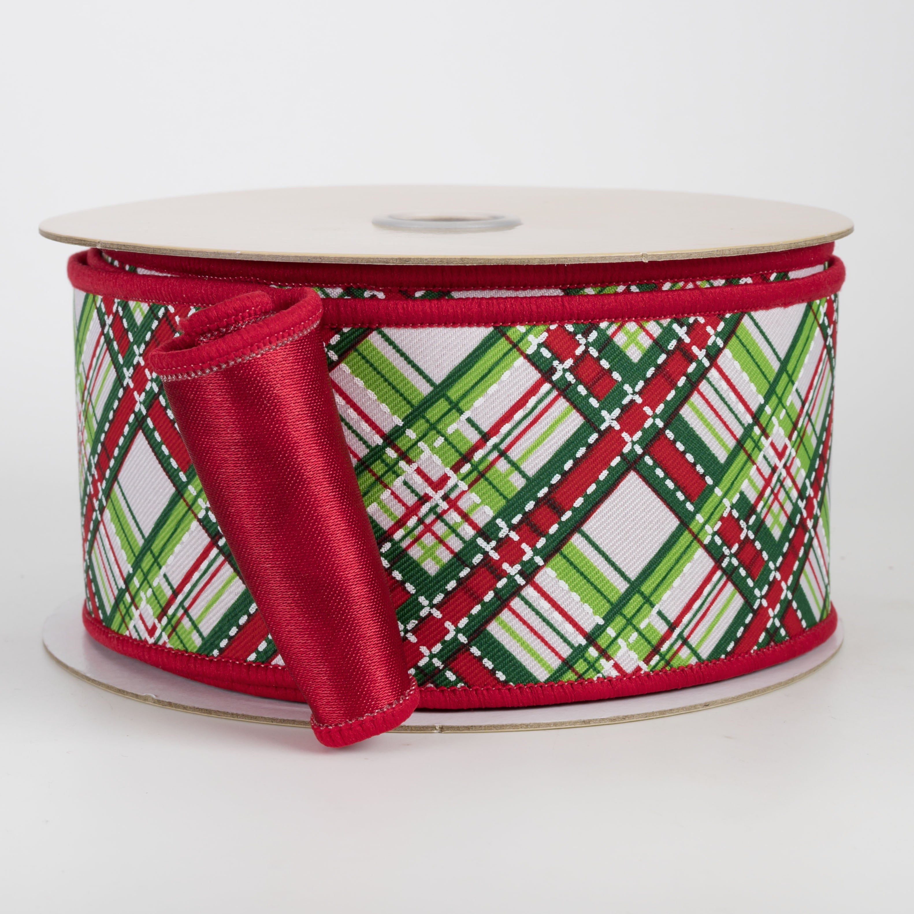2.5" Double Sided Fused Diagonal Dash Plaid Ribbon: Christmas (10 Yards)