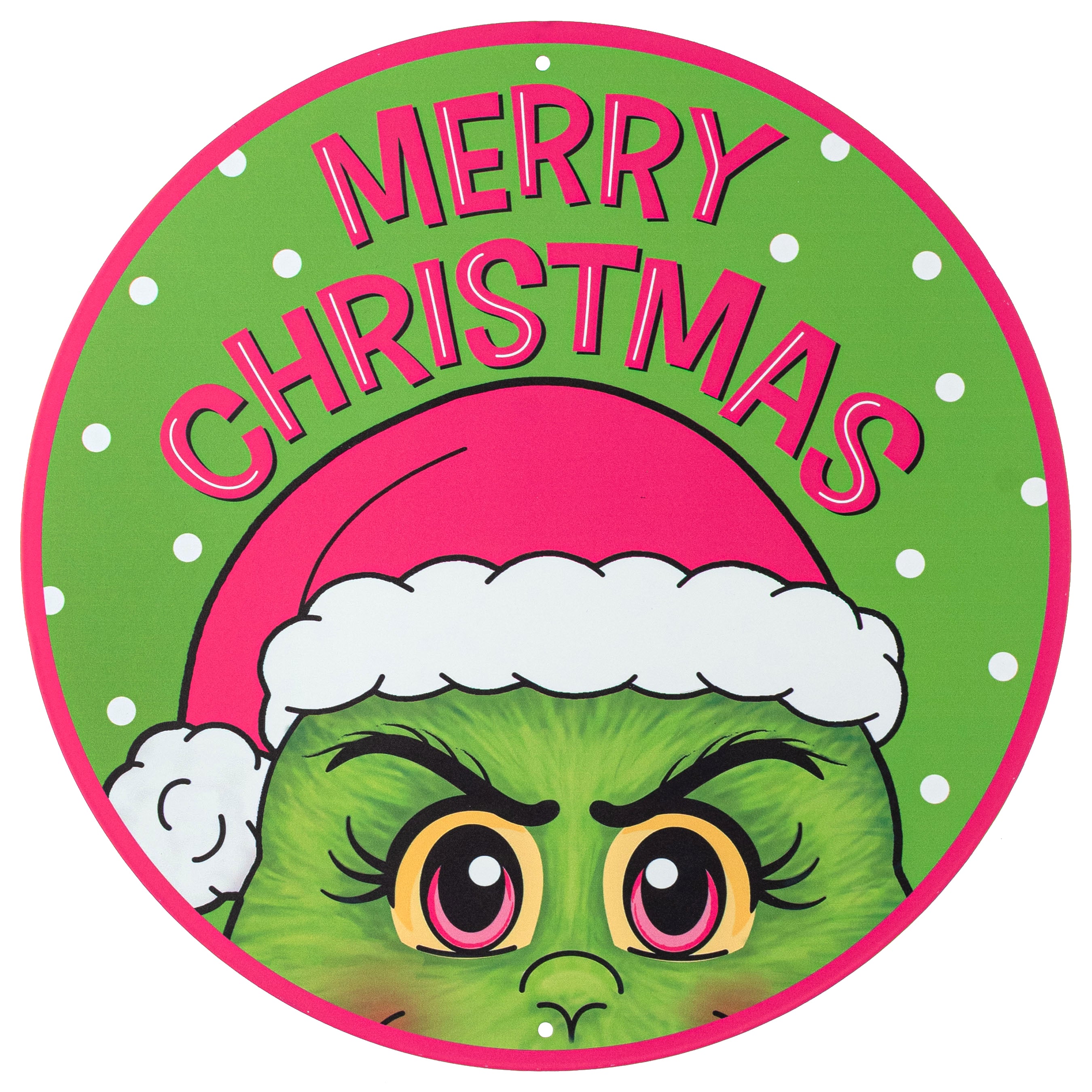 12" Metal Sign: Pink Furry Green Christmas Monster