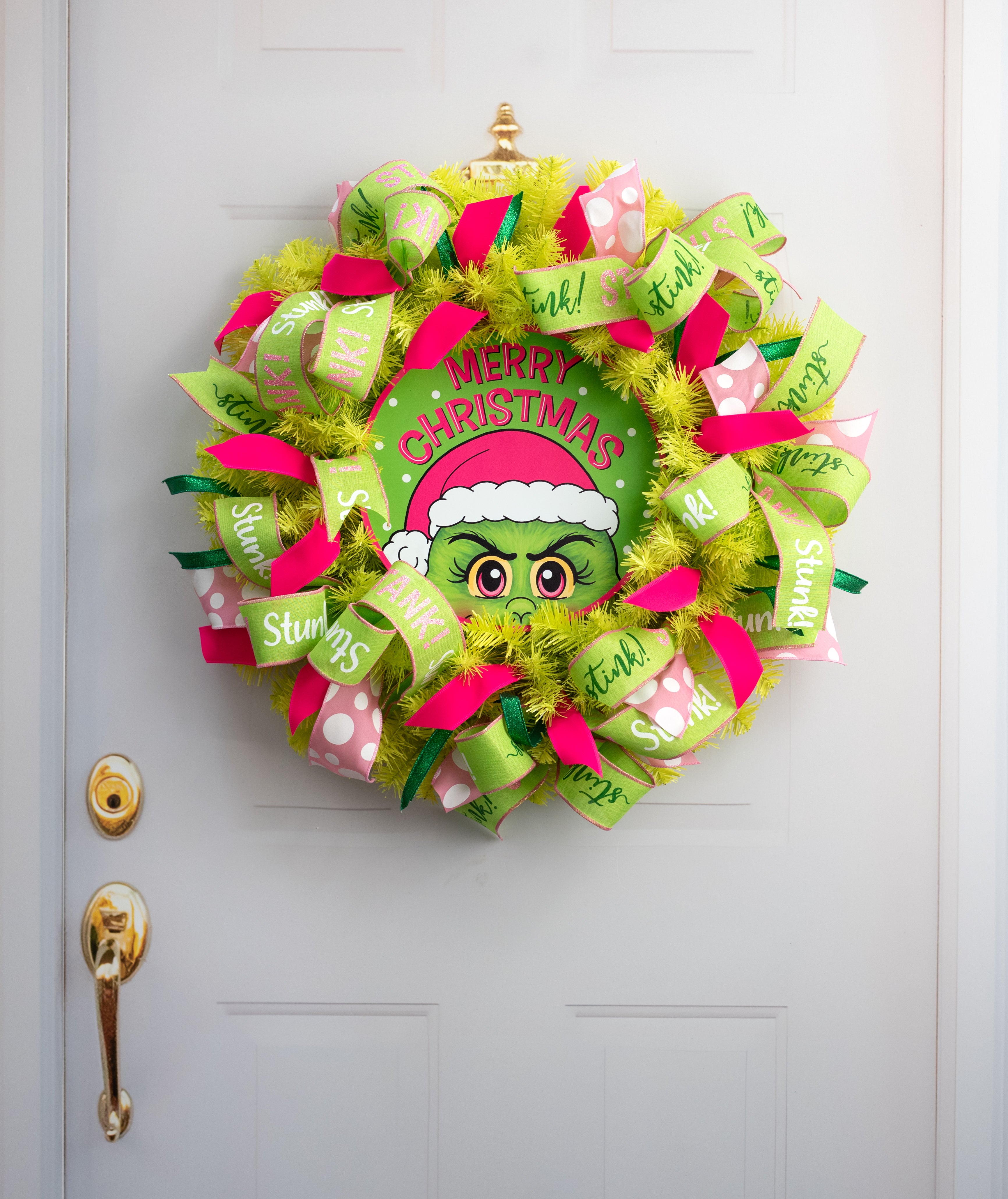 12" Metal Sign: Pink Furry Green Christmas Monster