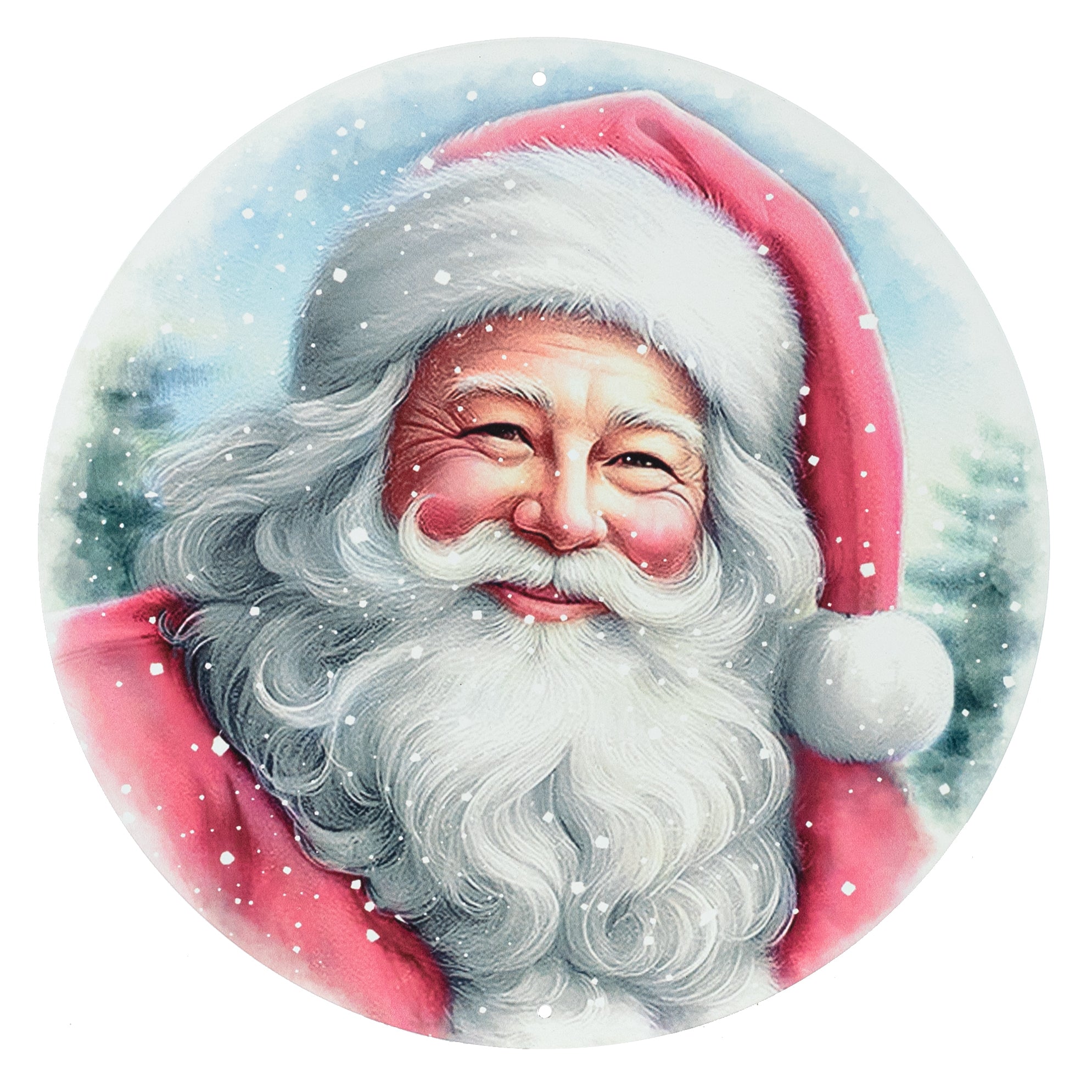 12" Round Metal Sign: Pink Santa Portrait