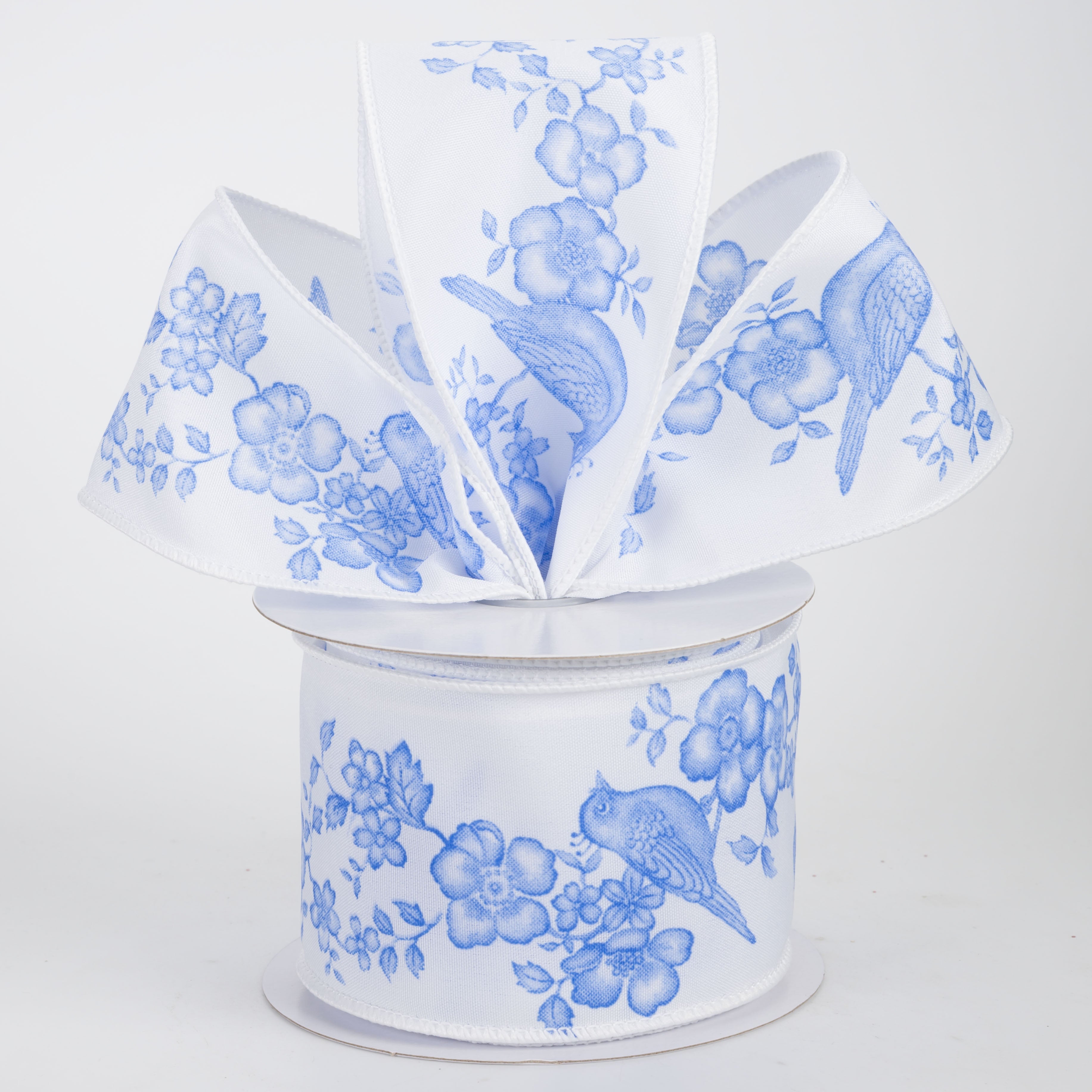 2.5" Chinoiserie Floral Bird Ribbon: Blue & White (10 Yards)