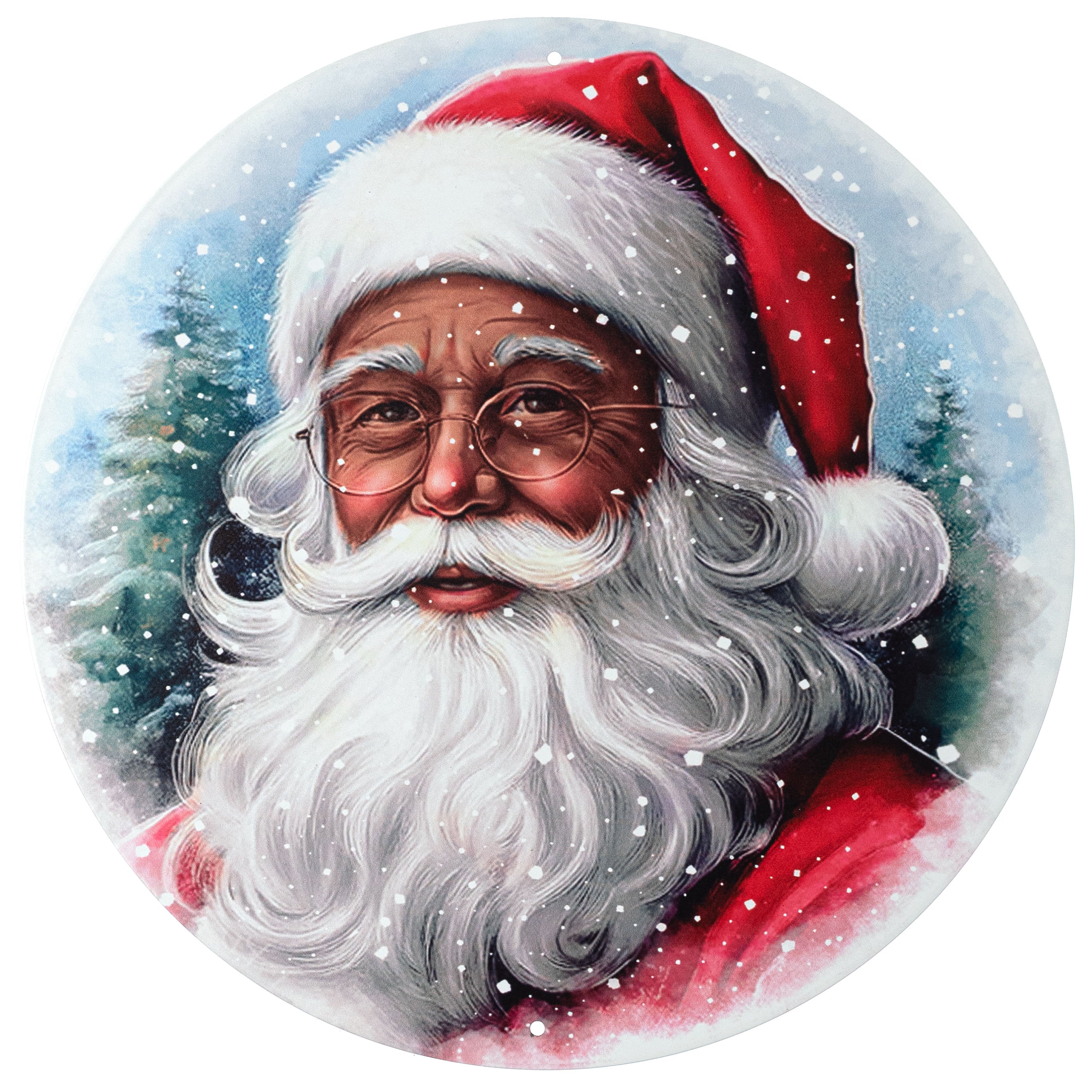12" Round Metal Sign: Brown Santa Portrait