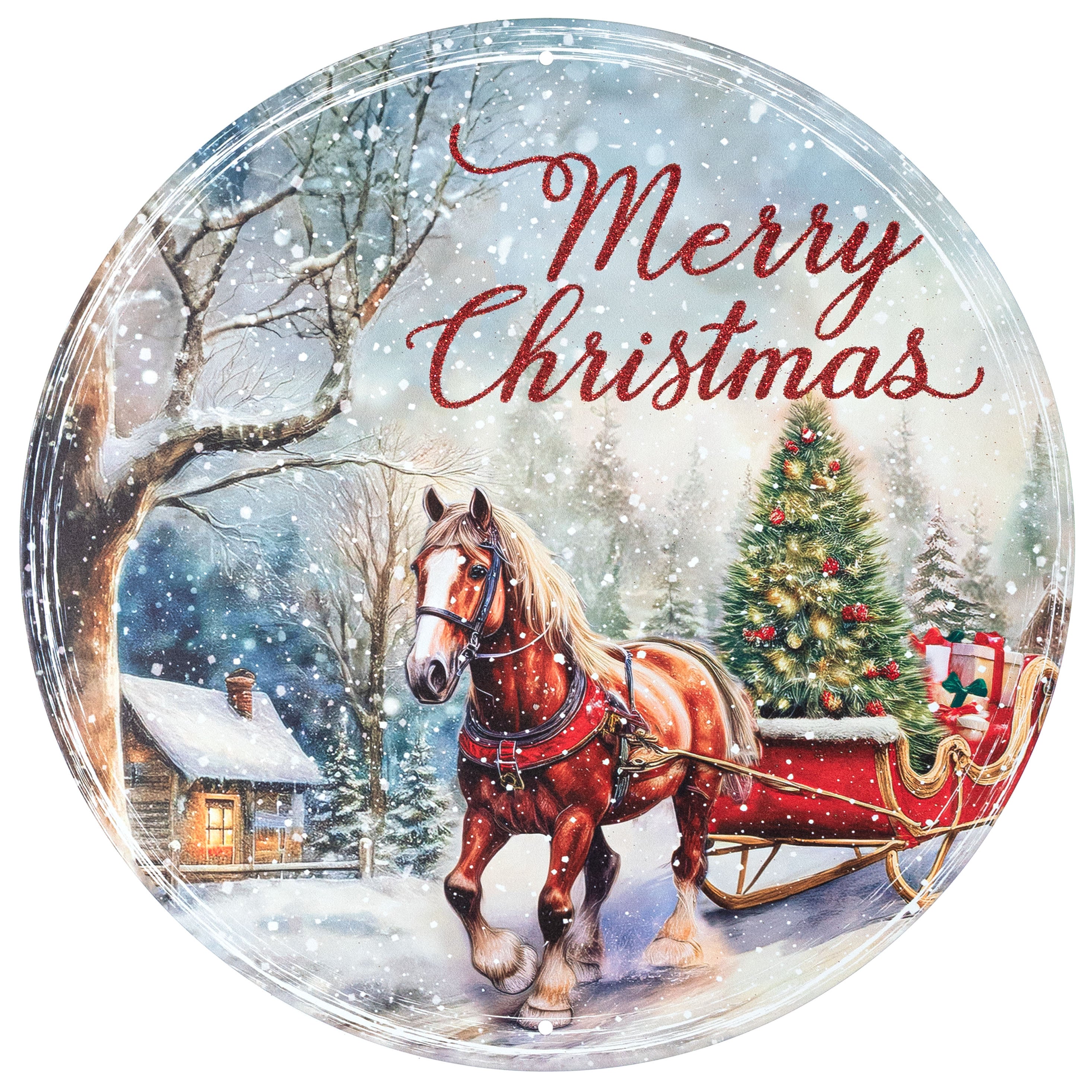 12" Round Metal Sign: Glitter Merry Christmas Horse & Sleigh