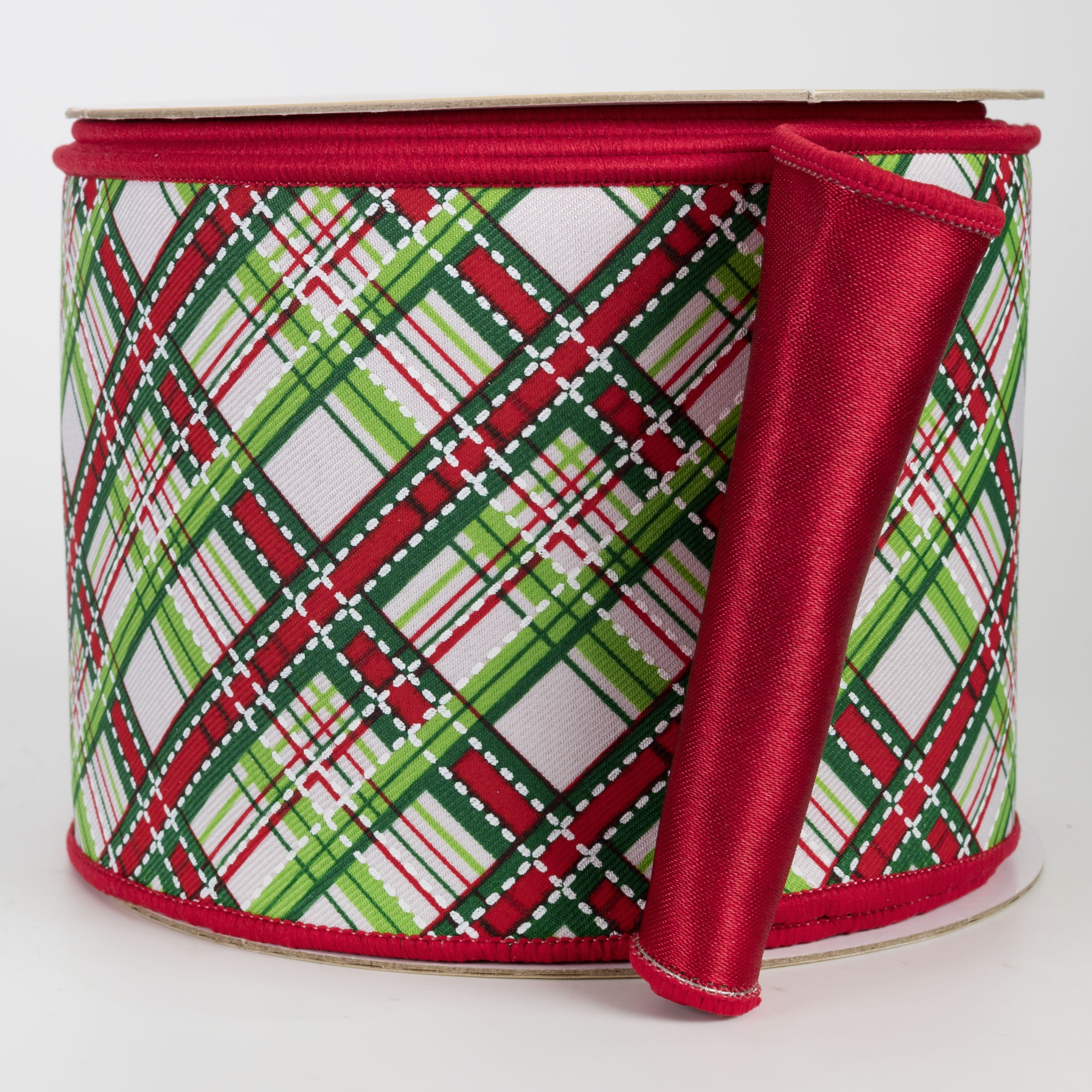 4" Double Sided Fused Diagonal Dash Plaid Ribbon: Christmas (10 Yards)