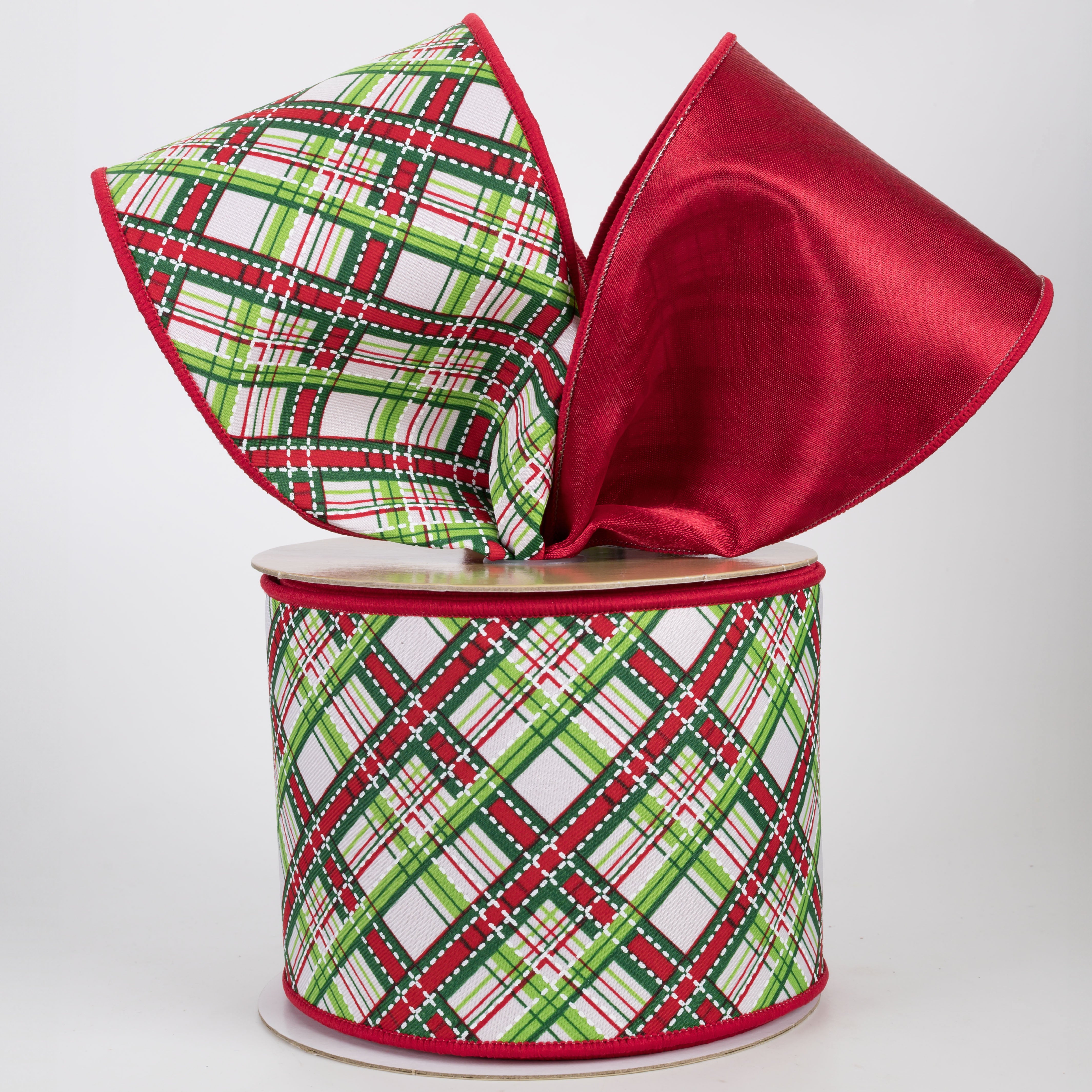 4" Double Sided Fused Diagonal Dash Plaid Ribbon: Christmas (10 Yards)