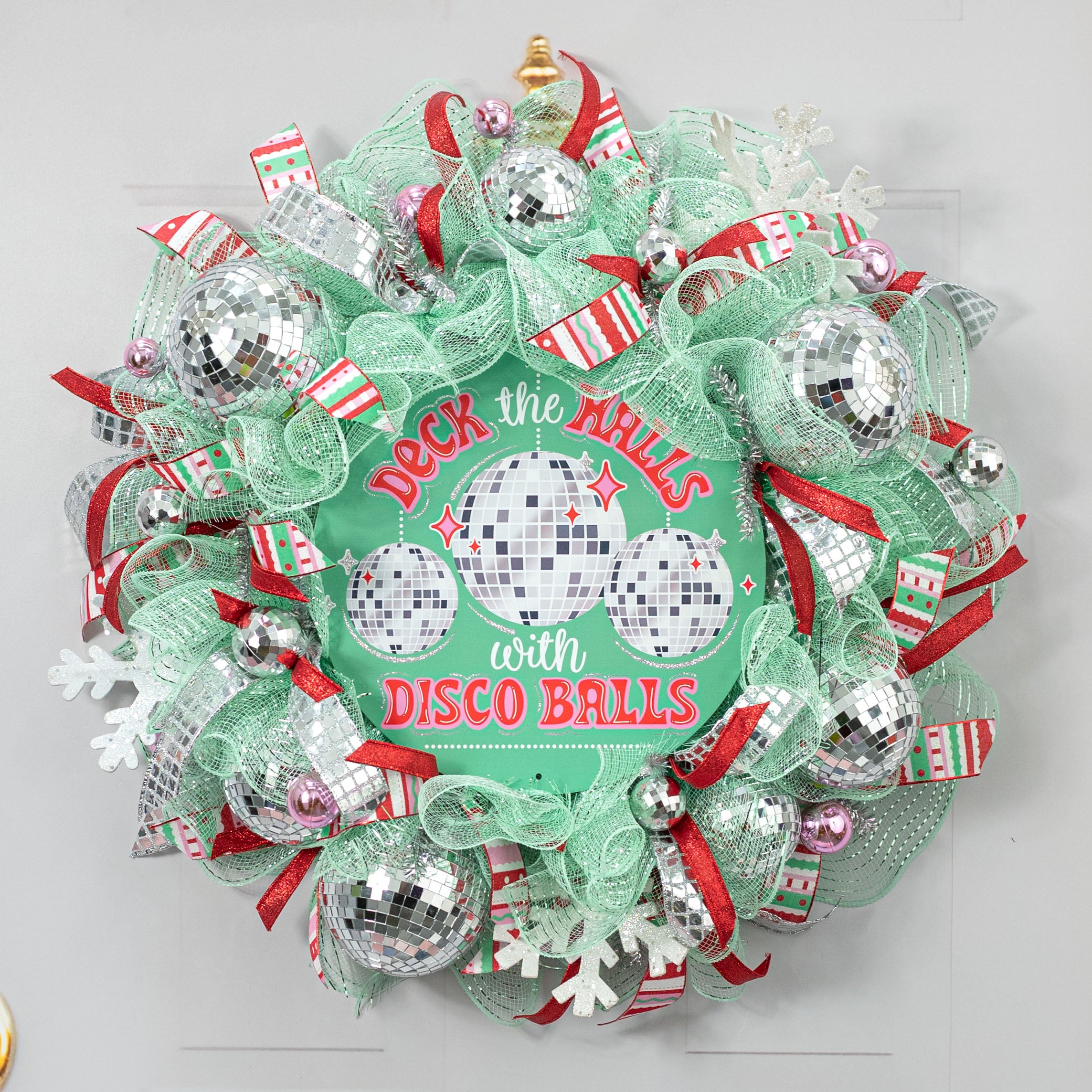12" Round Metal Sign: Deck the Halls with Disco Balls