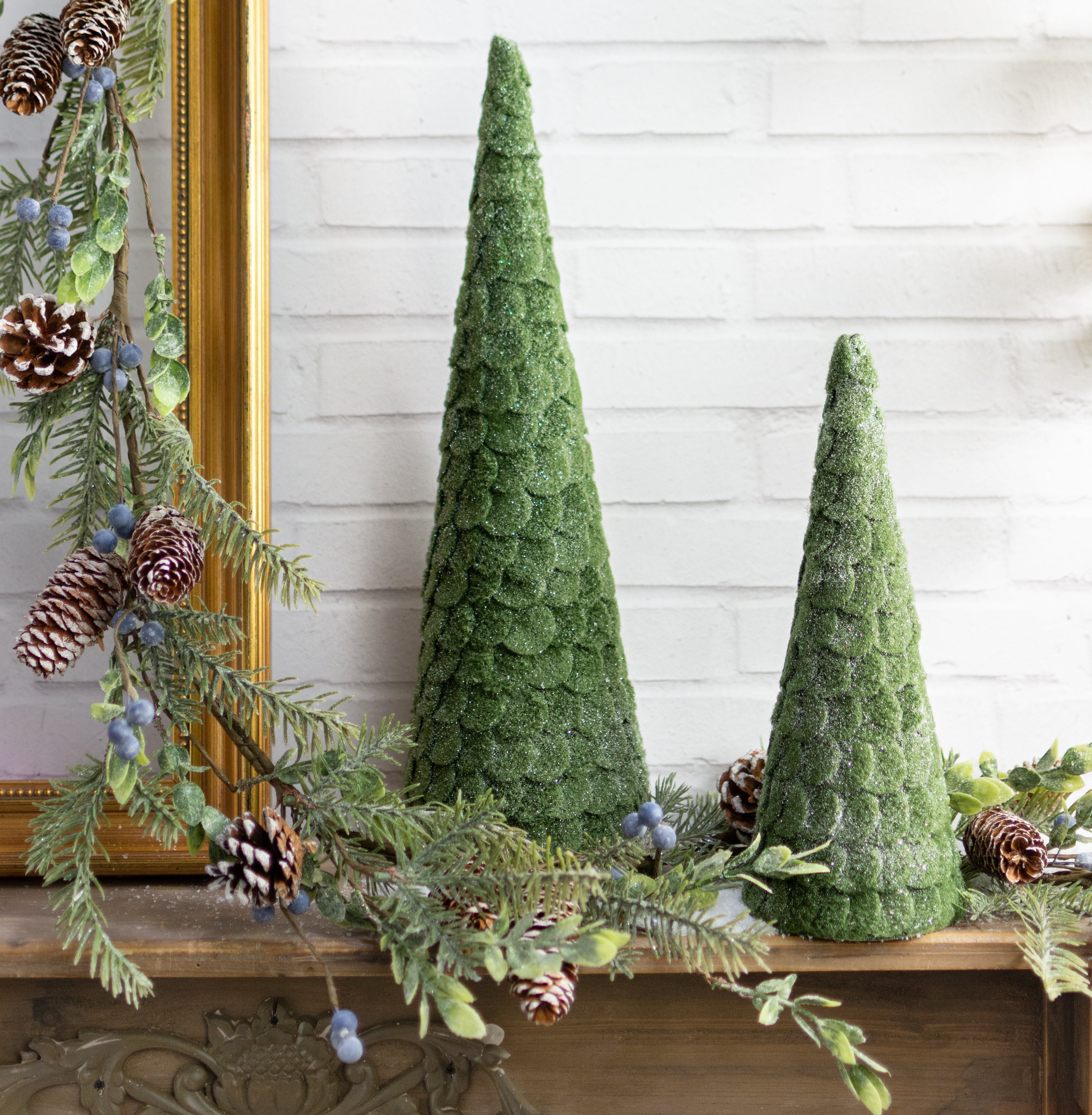 12" & 18" Glittered Felt Pinecone Trees: Moss Green (Set of 2)
