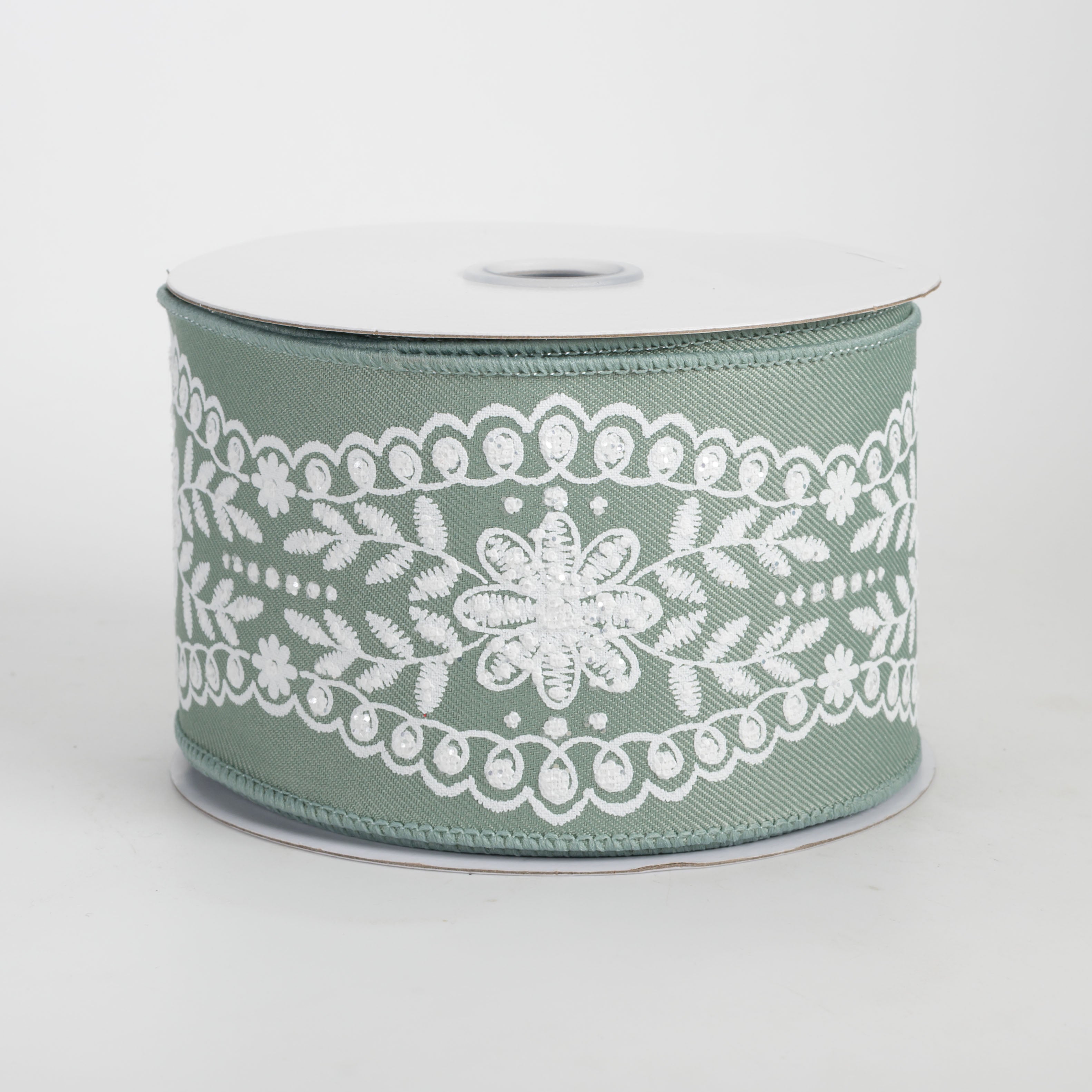 2.5" Glittered Floral Lace Trim Ribbon: White on Sage Green (10 Yards)