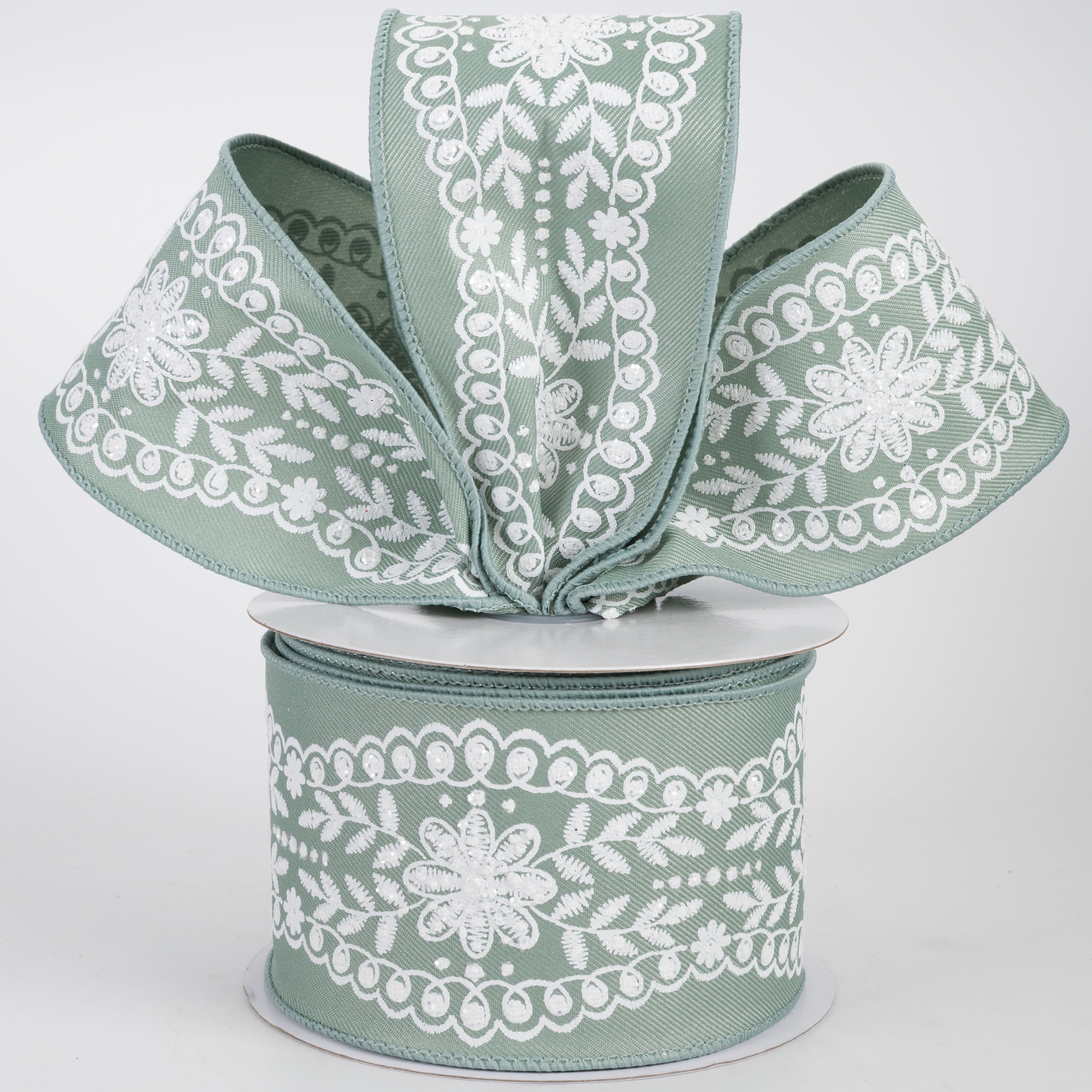 2.5" Glittered Floral Lace Trim Ribbon: White on Sage Green (10 Yards)
