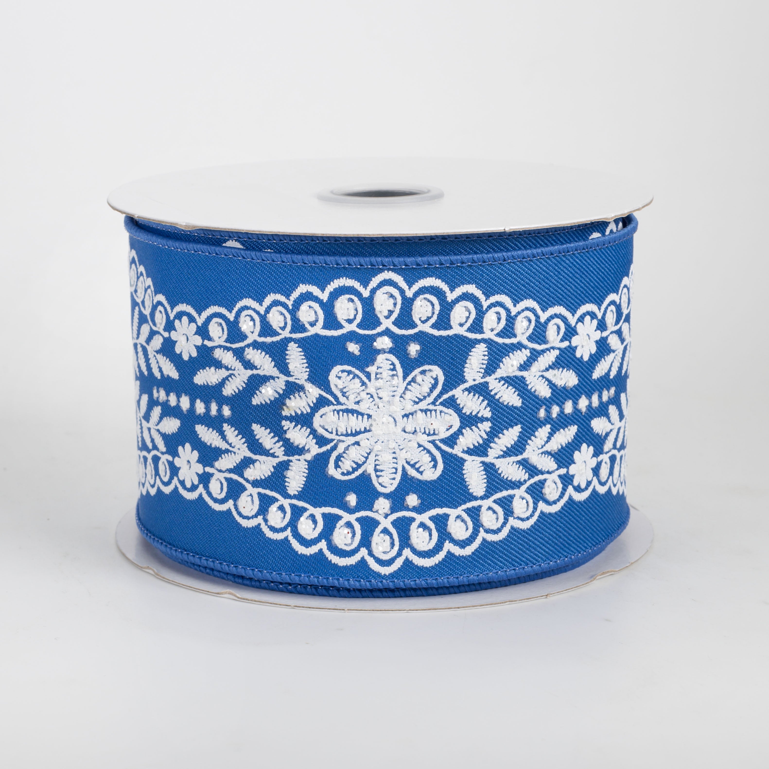 2.5" Glittered Floral Lace Trim Ribbon: White on Royal Blue (10 Yards)