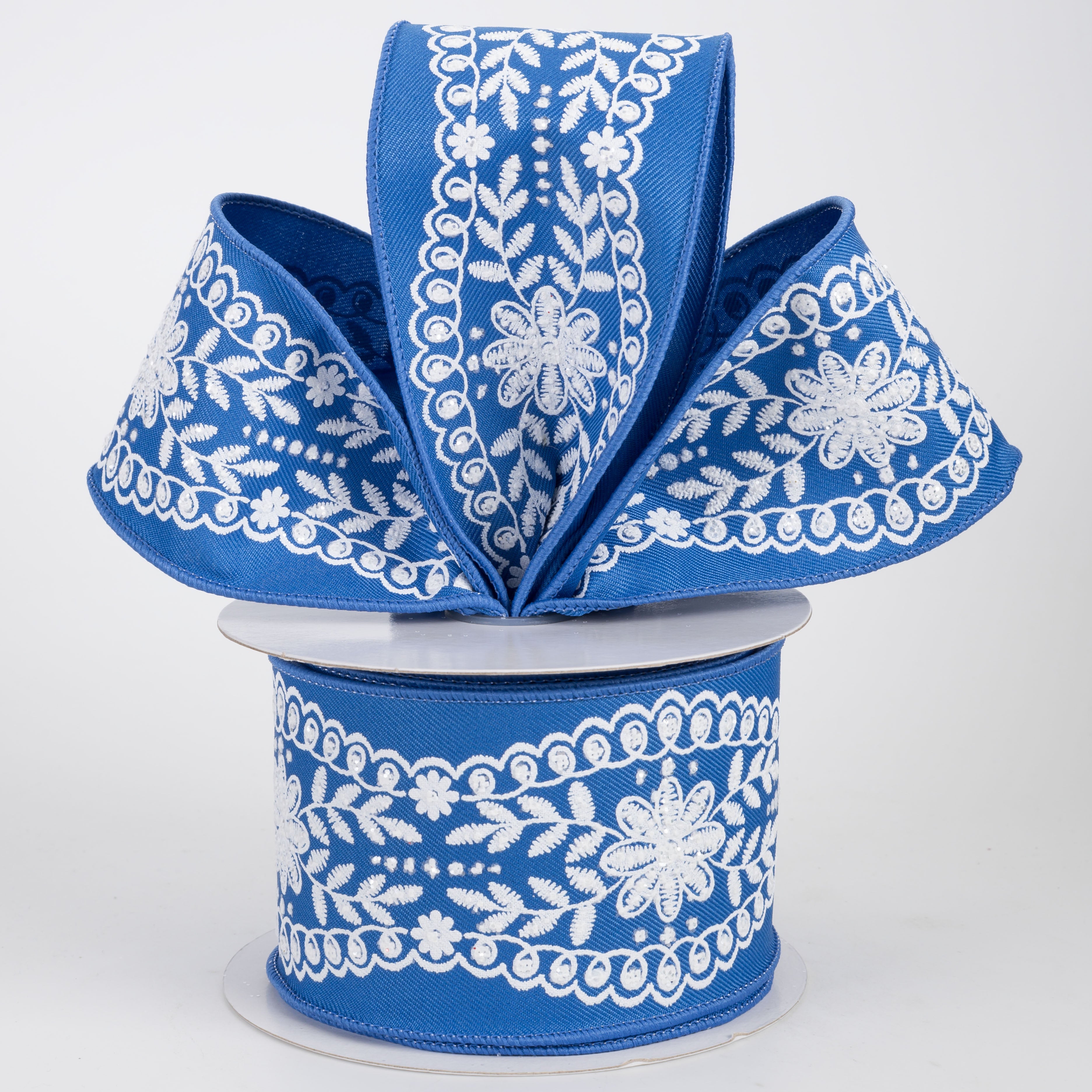 2.5" Glittered Floral Lace Trim Ribbon: White on Royal Blue (10 Yards)