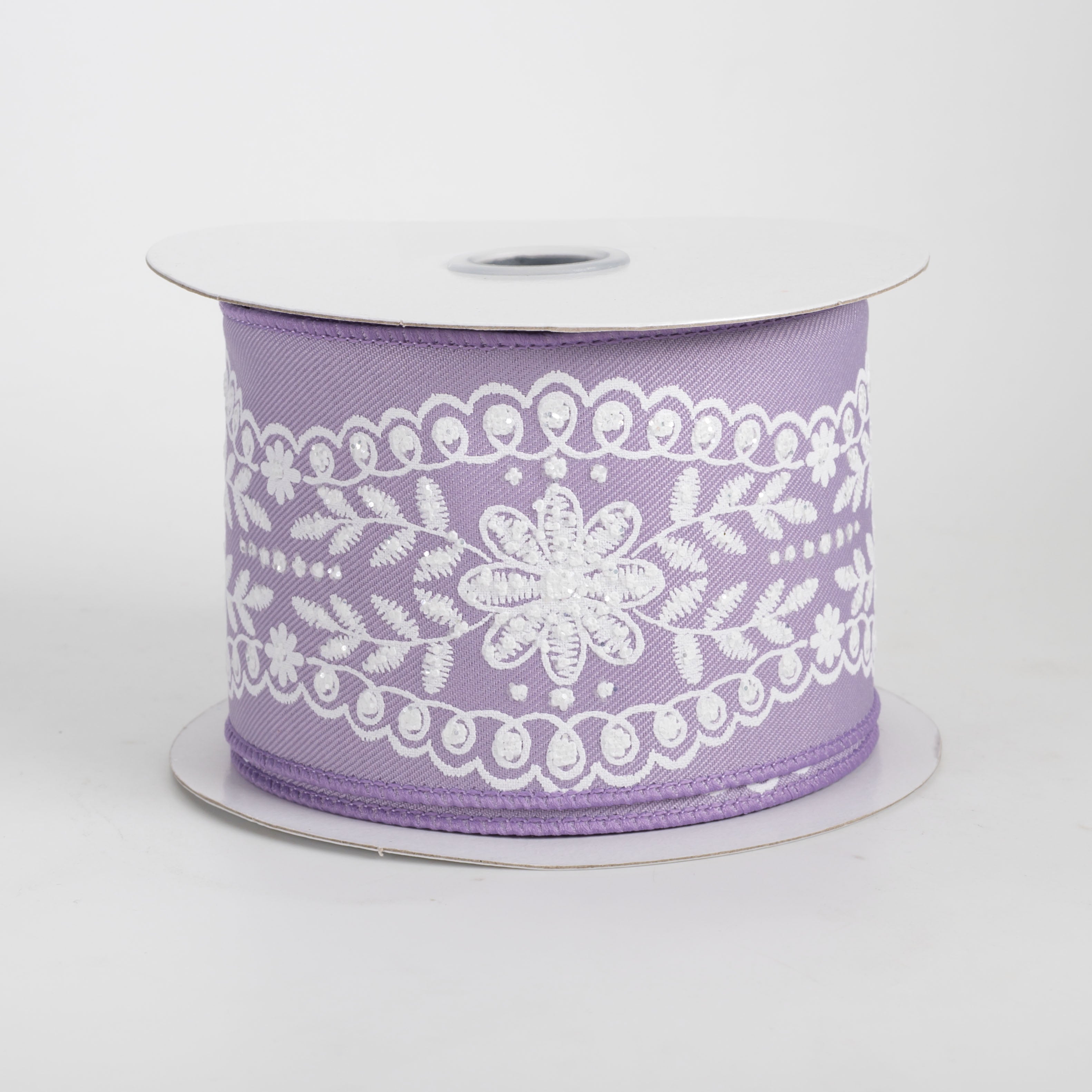 2.5" Glittered Floral Lace Trim Ribbon: White on Lavender (10 Yards)