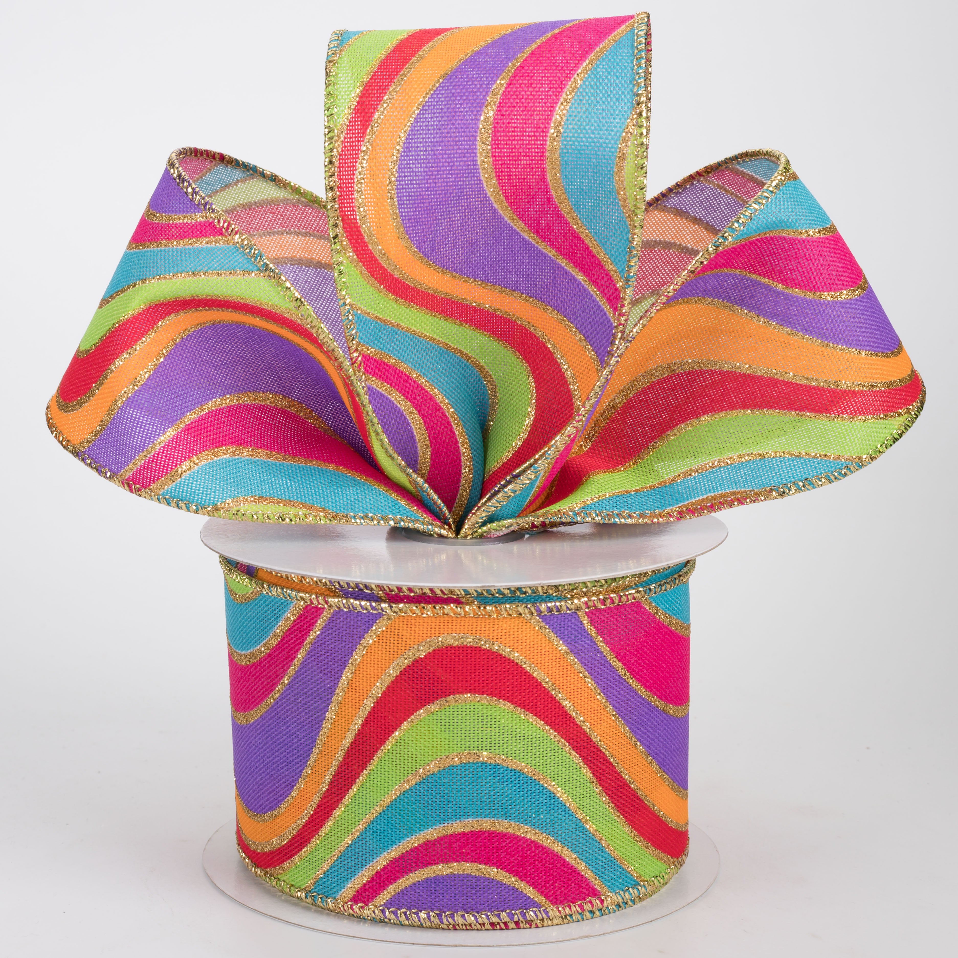 2.5" Multicolor Wavy Stripe Ribbon: Brights & Gold (10 Yards)
