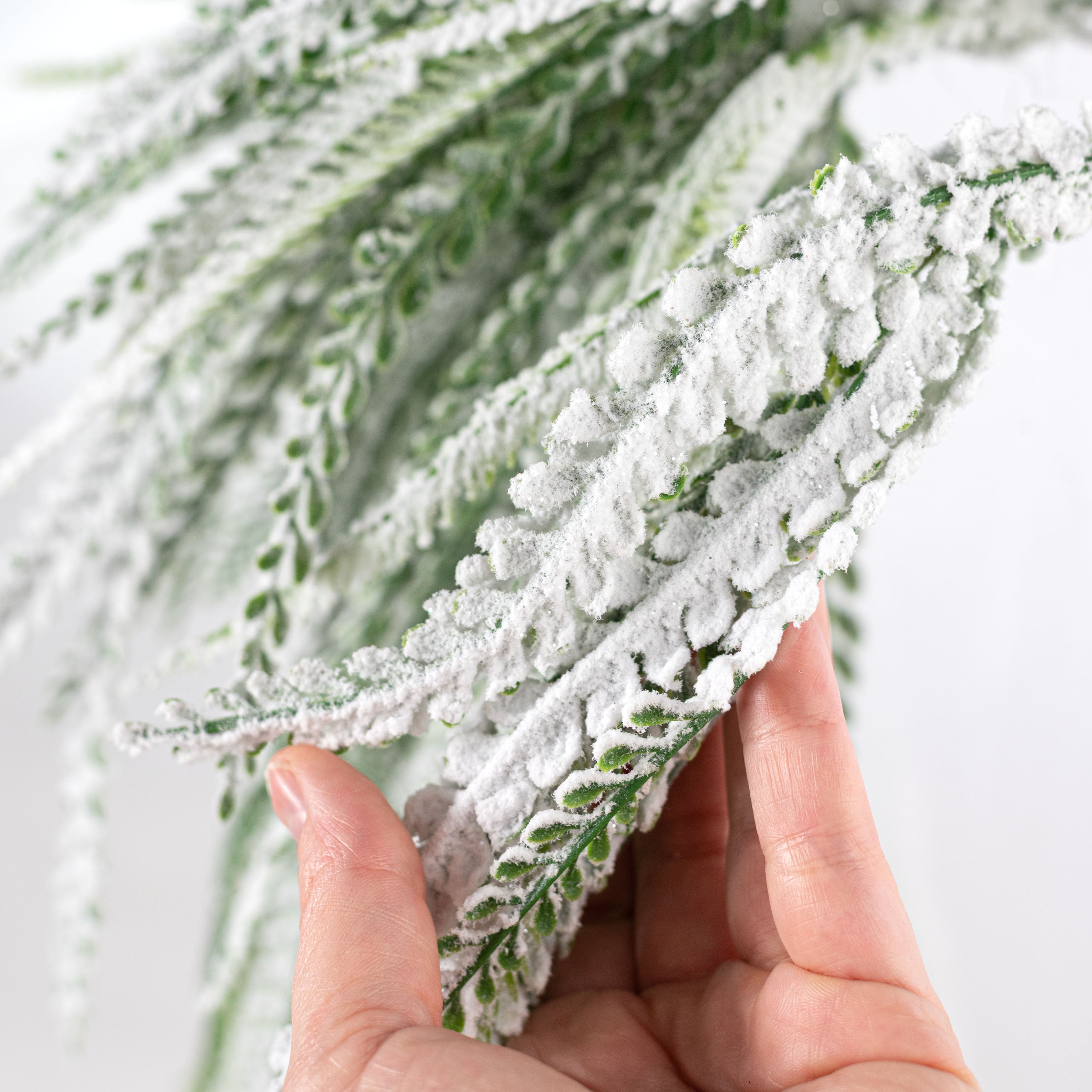 31" Plastic Leaves Button Fern Hanging Bush: Flocked Snow Green (5 Stem)
