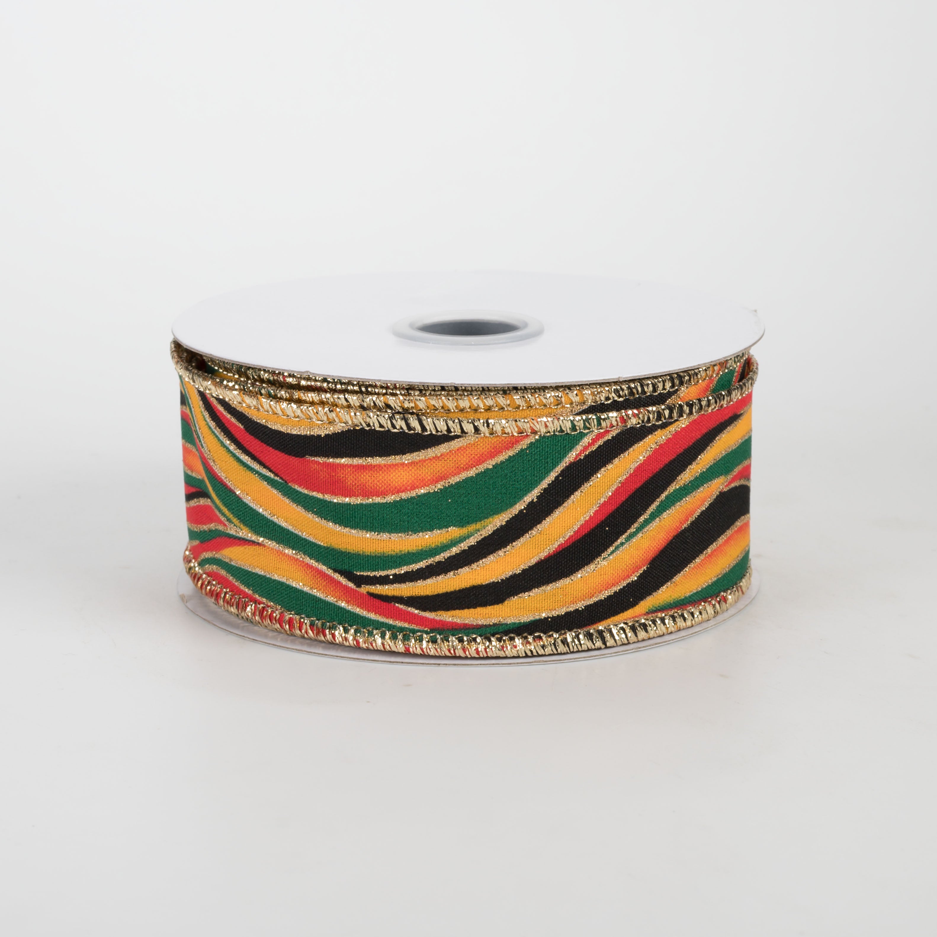 1.5" Glittered Wavy Stripes Ribbon: Black, Red, Green, Yellow (10 Yards)