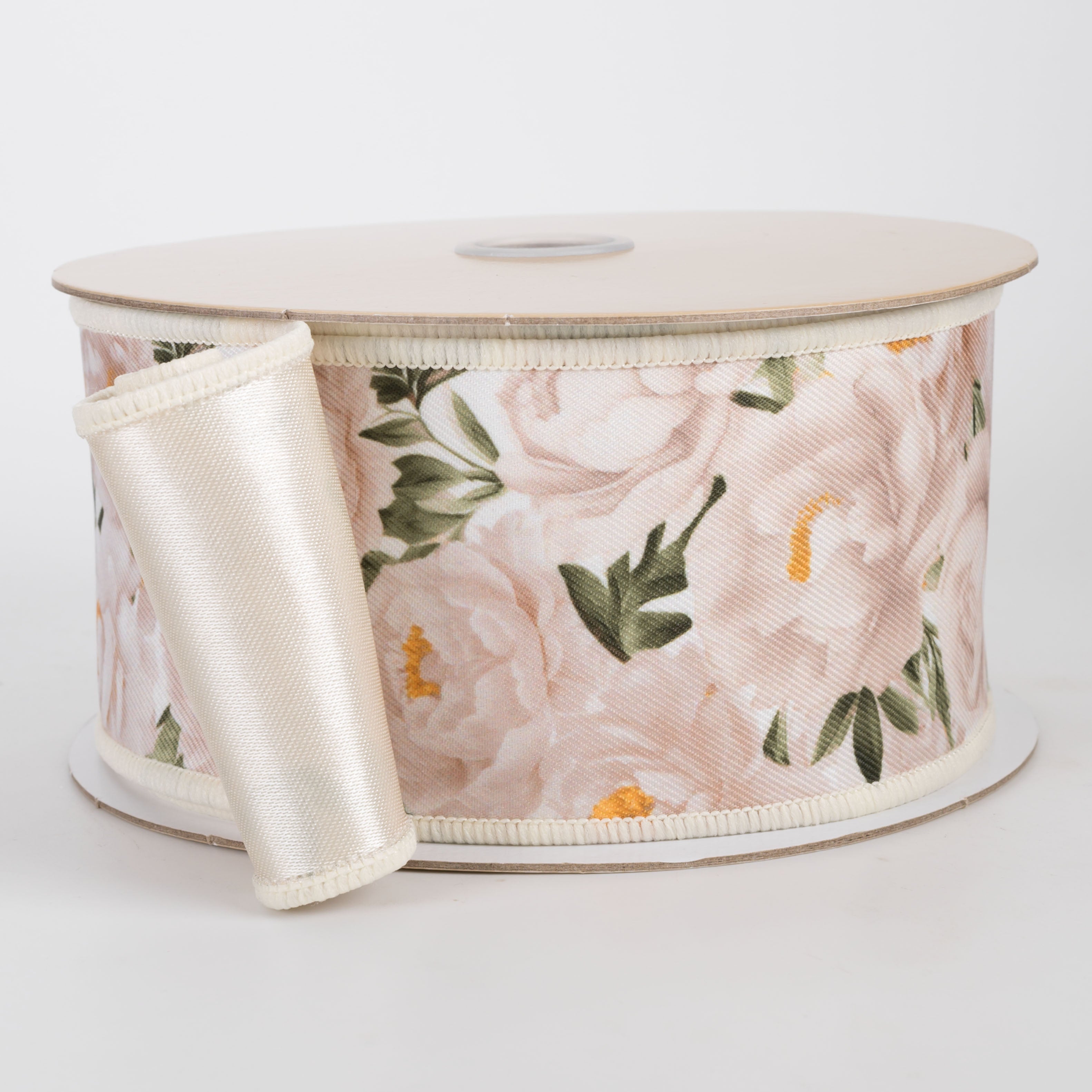 2.5" Double Sided Fused Peonies Ribbon: White & Cream (10 Yards)