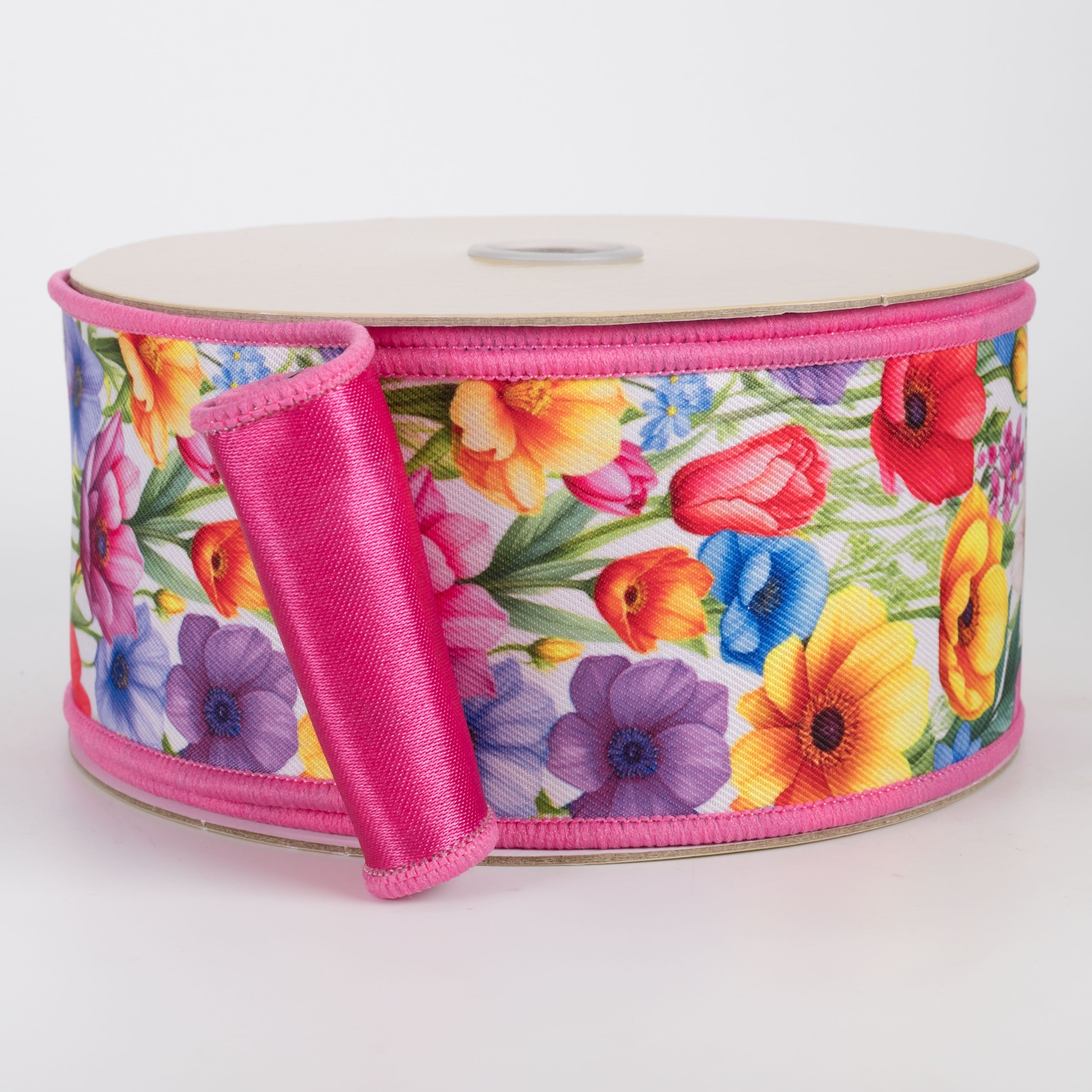 2.5" Double Sided Fused Mixed Florals Ribbon: Hot Pink (10 Yards)