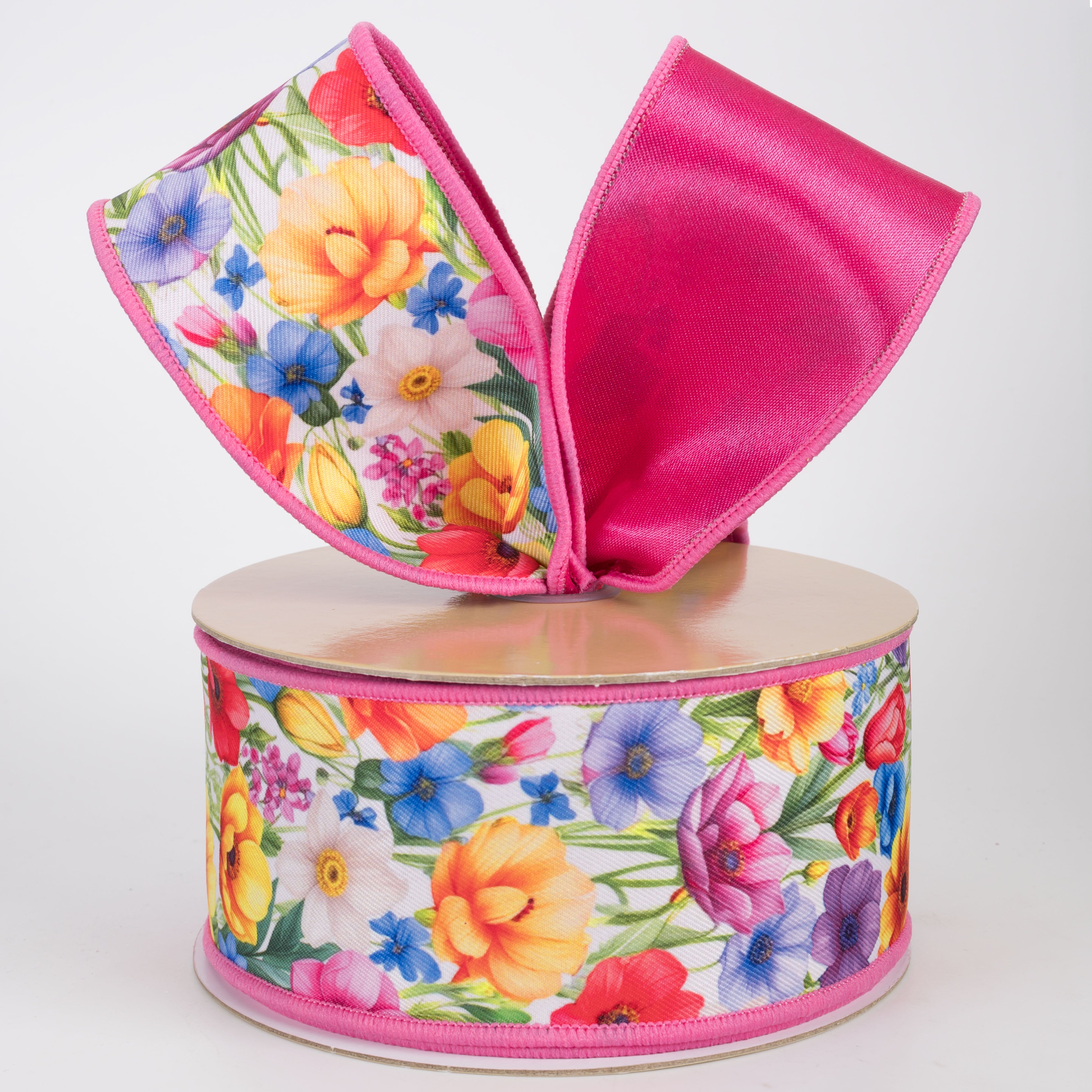 2.5" Double Sided Fused Mixed Florals Ribbon: Hot Pink (10 Yards)