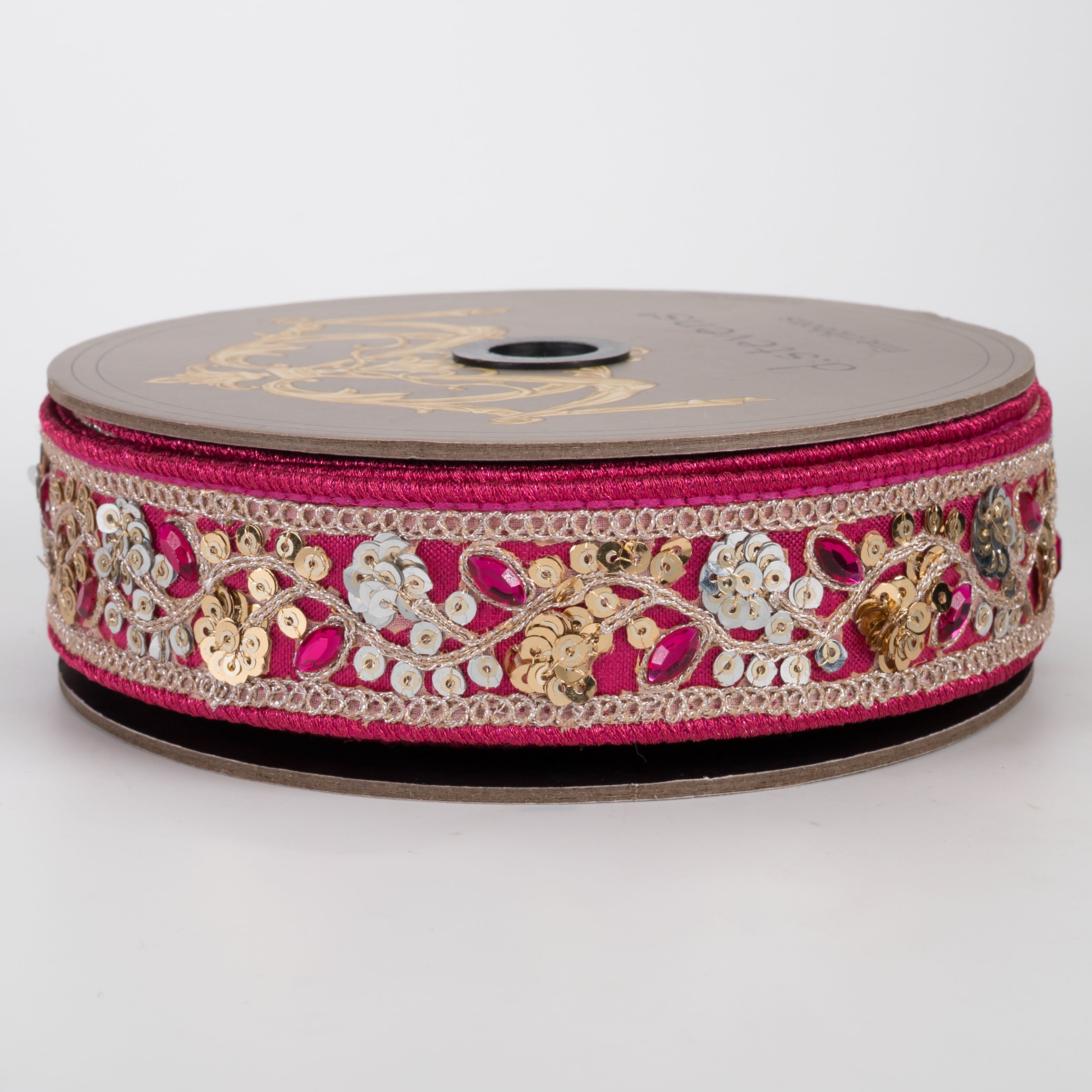 [D Stevens] 1.5" Metallic Dupioni Jewel & Sequin Floral Ribbon: Fuchsia Pink (10 Yards)