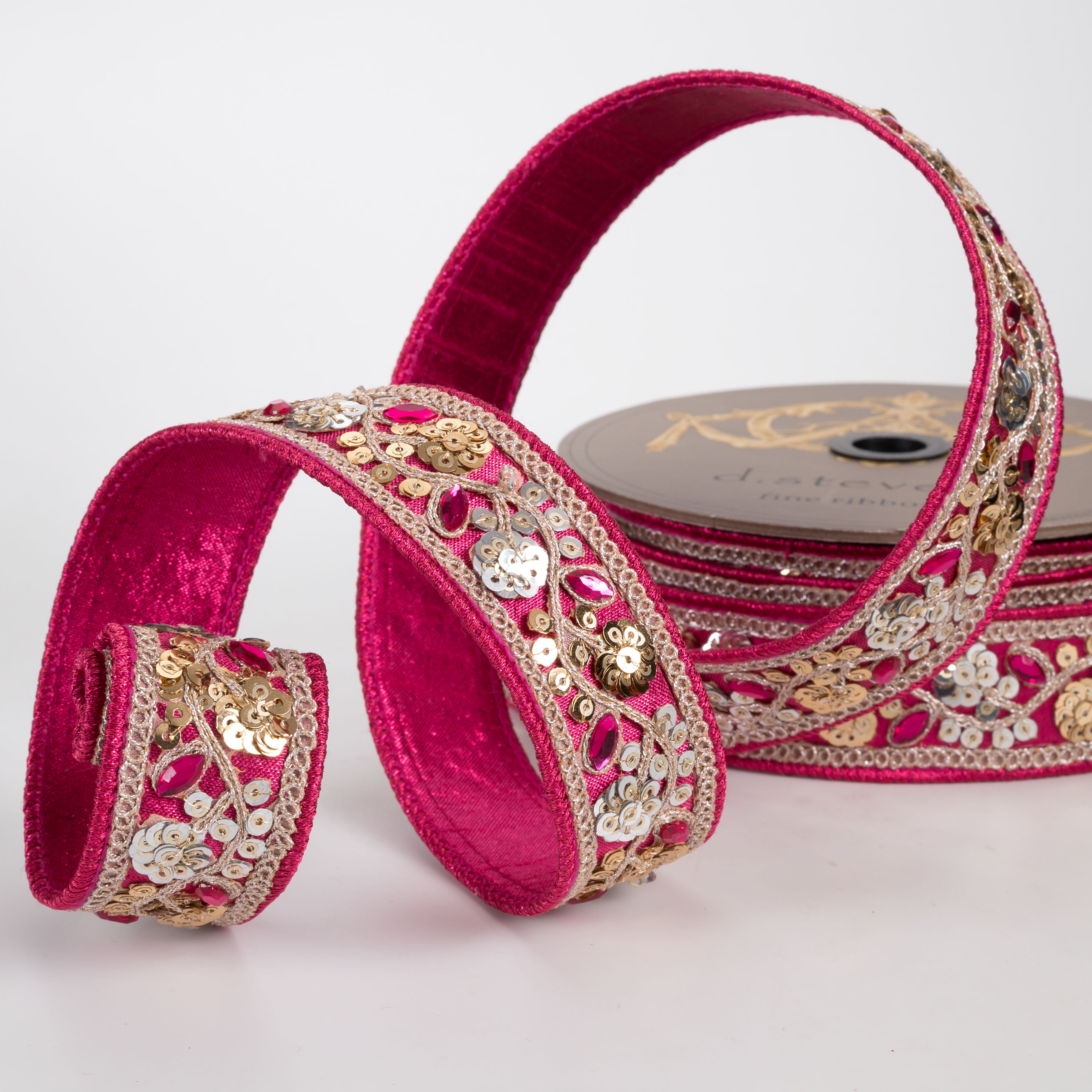 [D Stevens] 1.5" Metallic Dupioni Jewel & Sequin Floral Ribbon: Fuchsia Pink (10 Yards)
