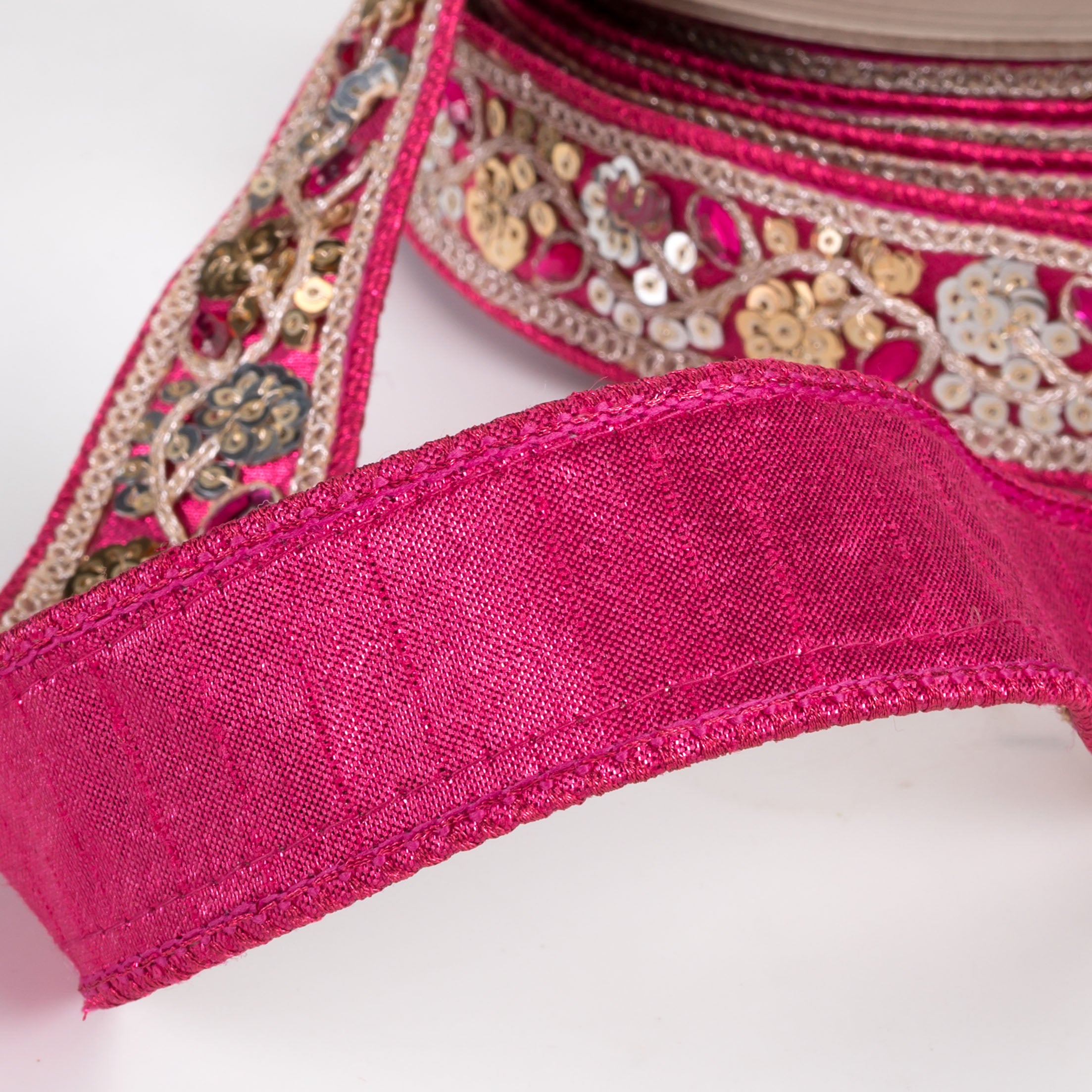 [D Stevens] 1.5" Metallic Dupioni Jewel & Sequin Floral Ribbon: Fuchsia Pink (10 Yards)