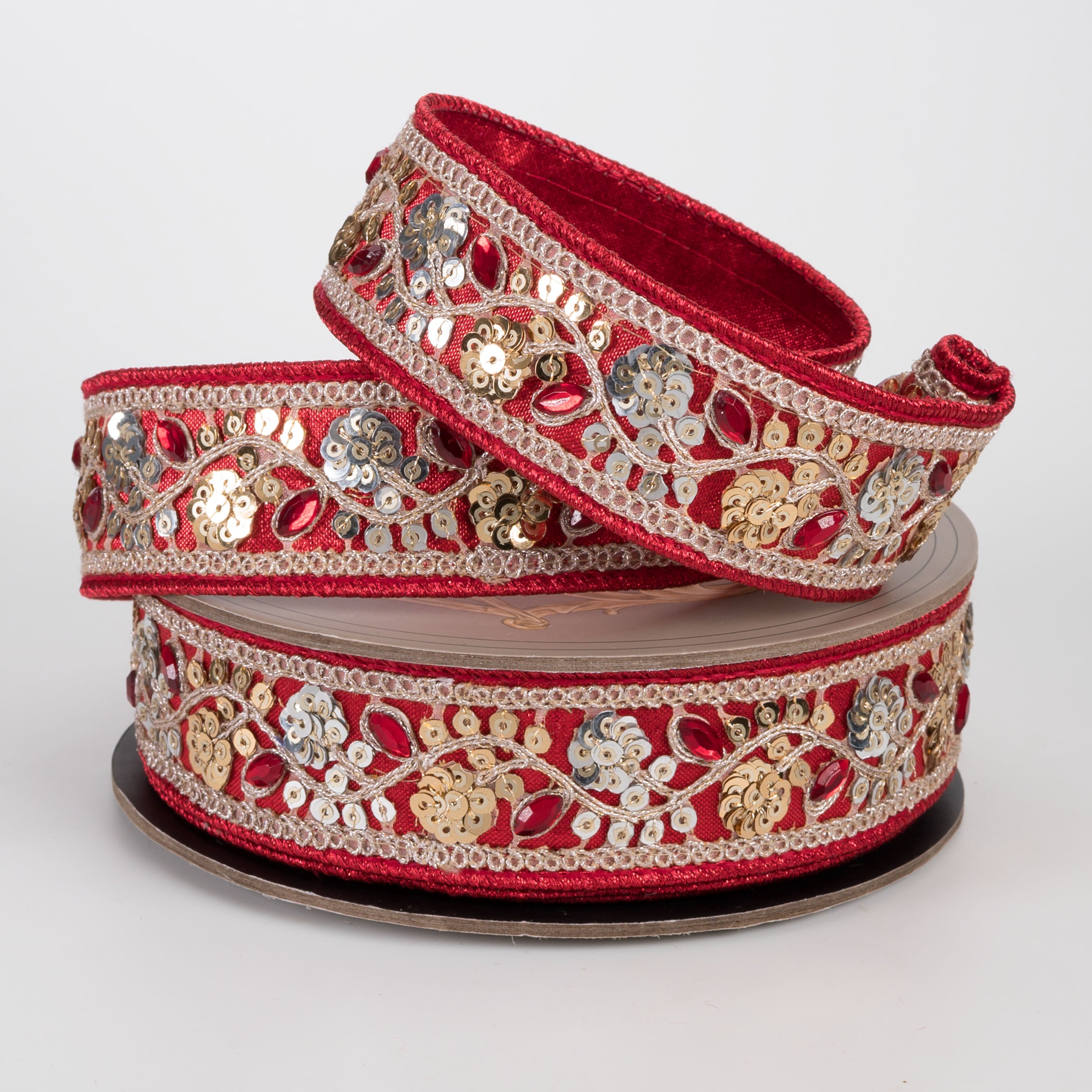 [D Stevens] 1.5" Metallic Dupioni Jewel & Sequin Floral Ribbon: Red (10 Yards)