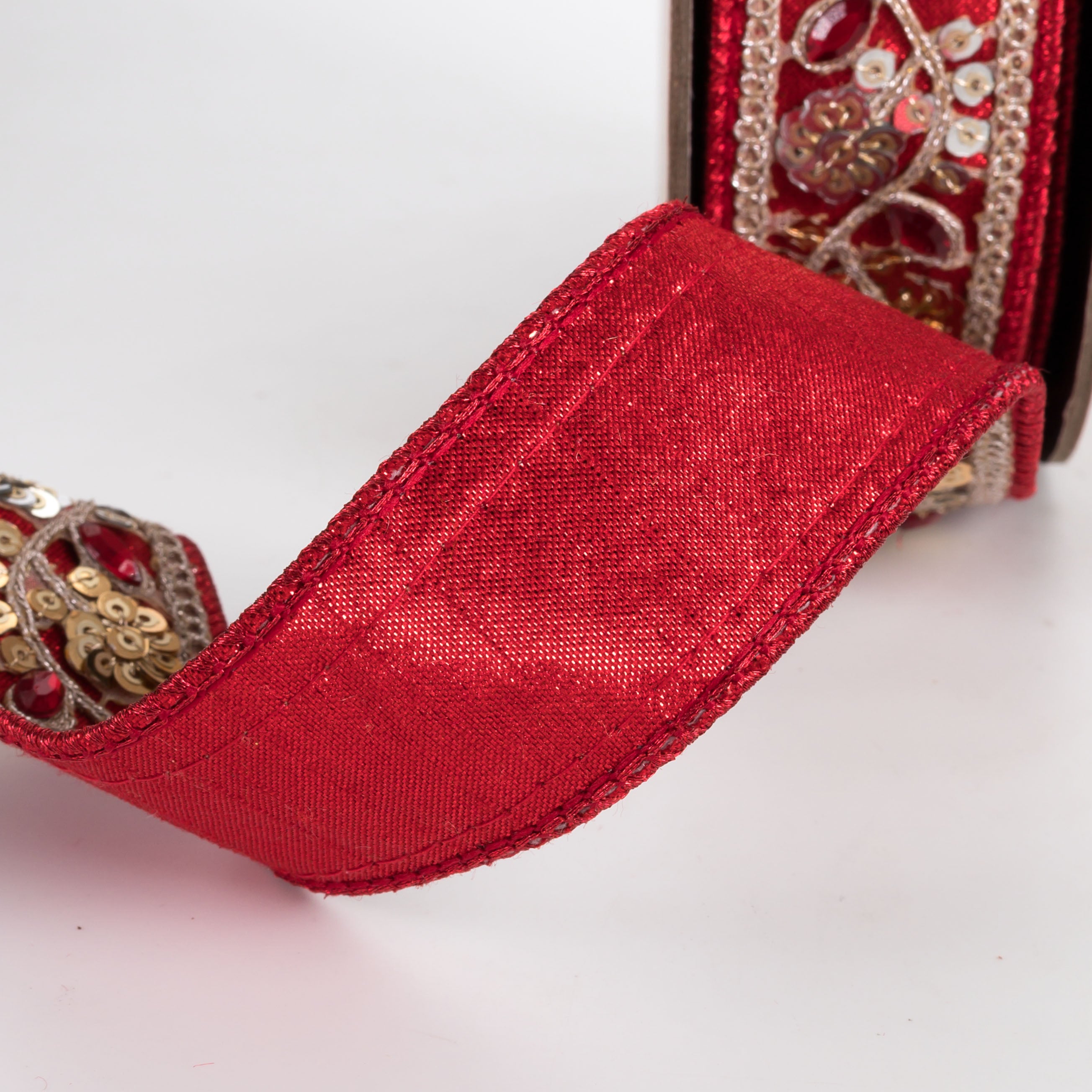 [D Stevens] 1.5" Metallic Dupioni Jewel & Sequin Floral Ribbon: Red (10 Yards)