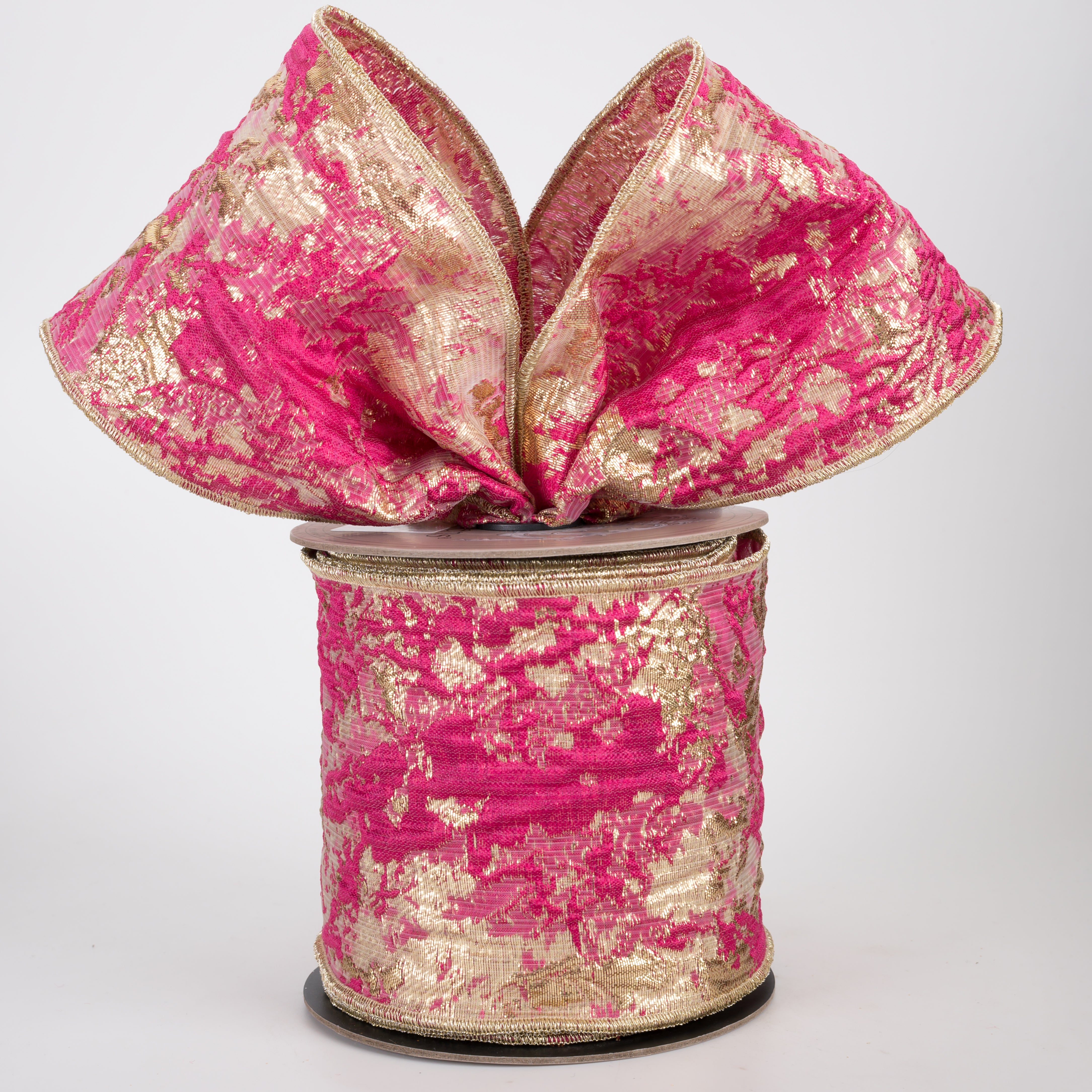 [D Stevens] 4" Abstract Raised Jacquard Ribbon: Fuchsia & Gold (10 Yards)