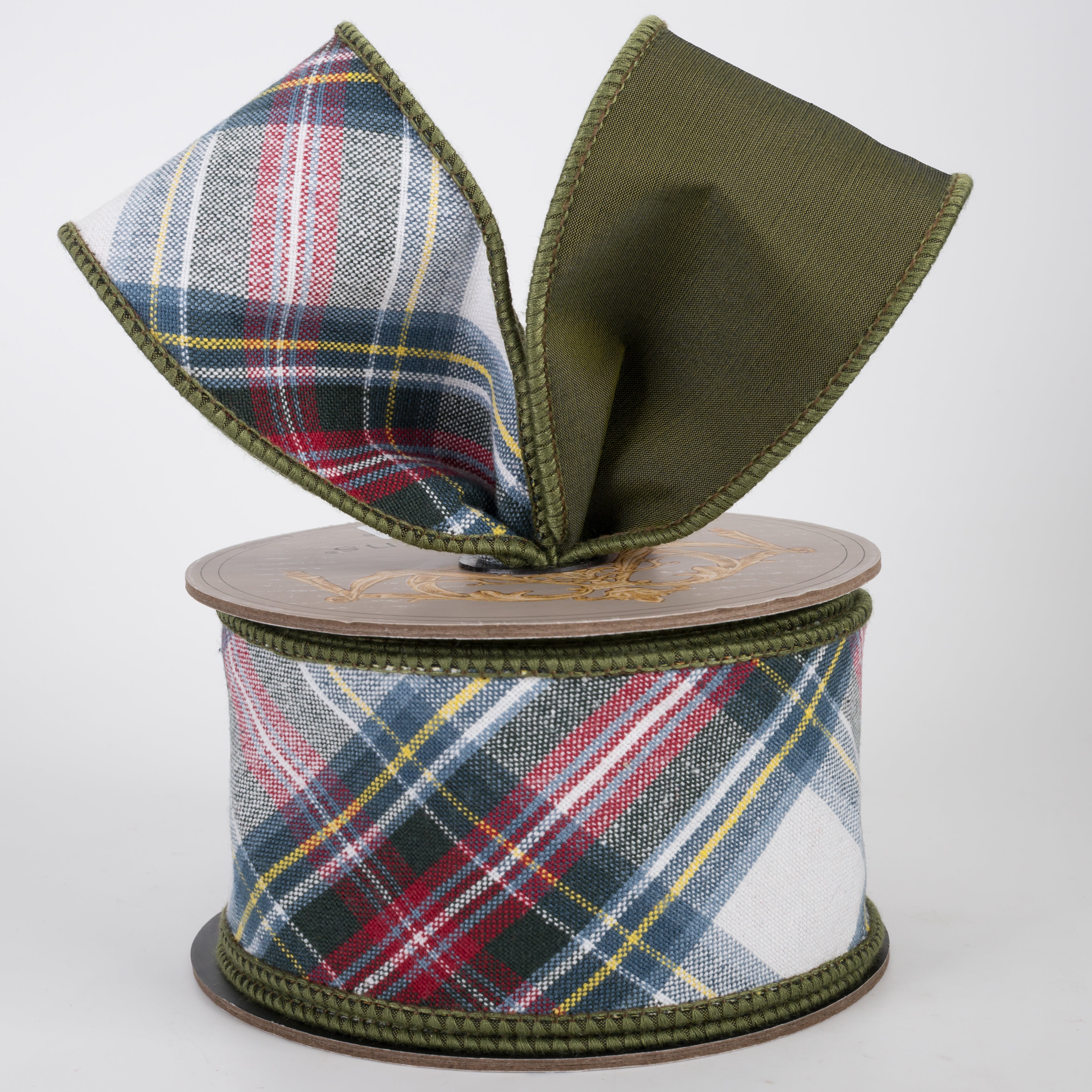 [D Stevens] 2.5" Cotton Murray Plaid Ribbon: Moss, White, Red & Blue (10 Yards)