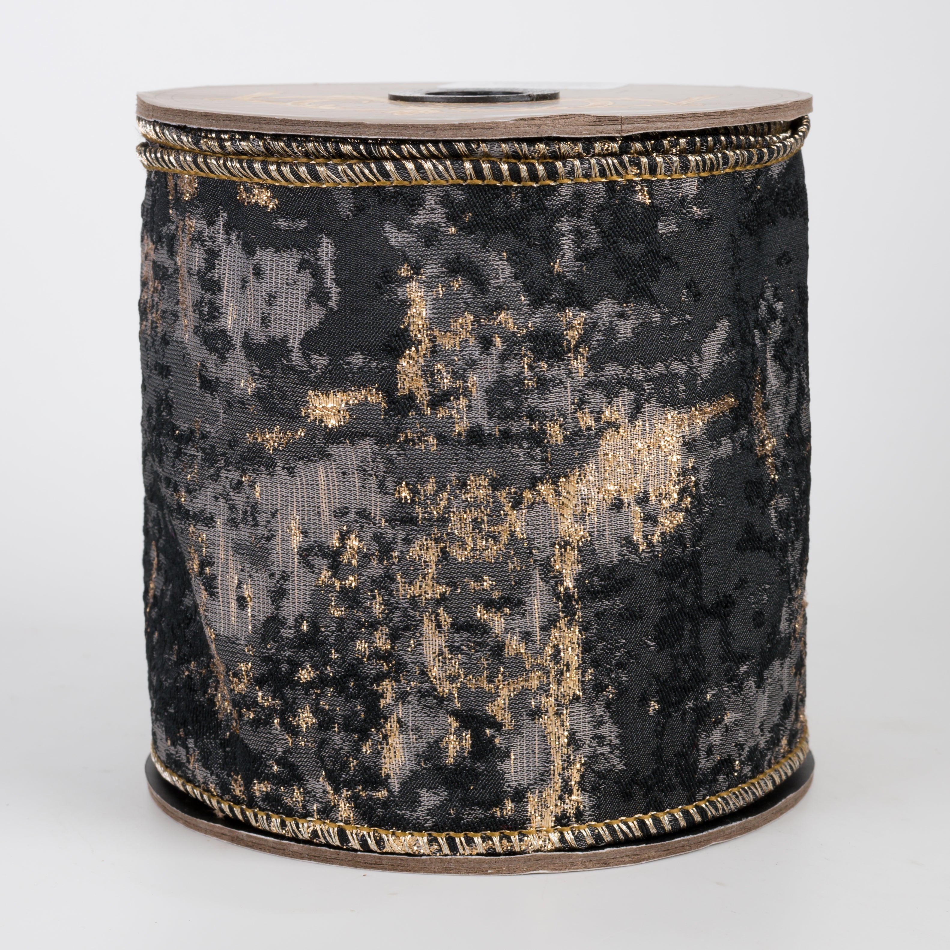 4" Abstract Raised Jacquard Ribbon: Charcoal & Gold (10 Yards)