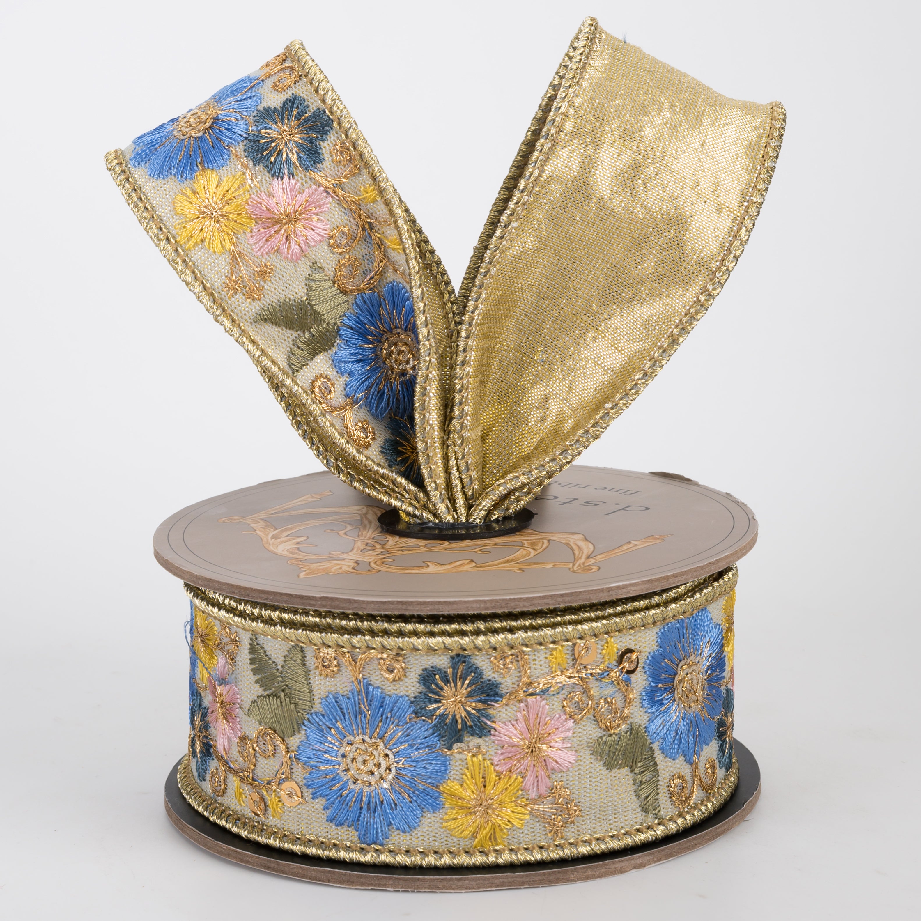 [D Stevens] 1.5" Metallic Dupioni Embroidery Flowers Ribbon: Aqua & Gold (5 Yards)