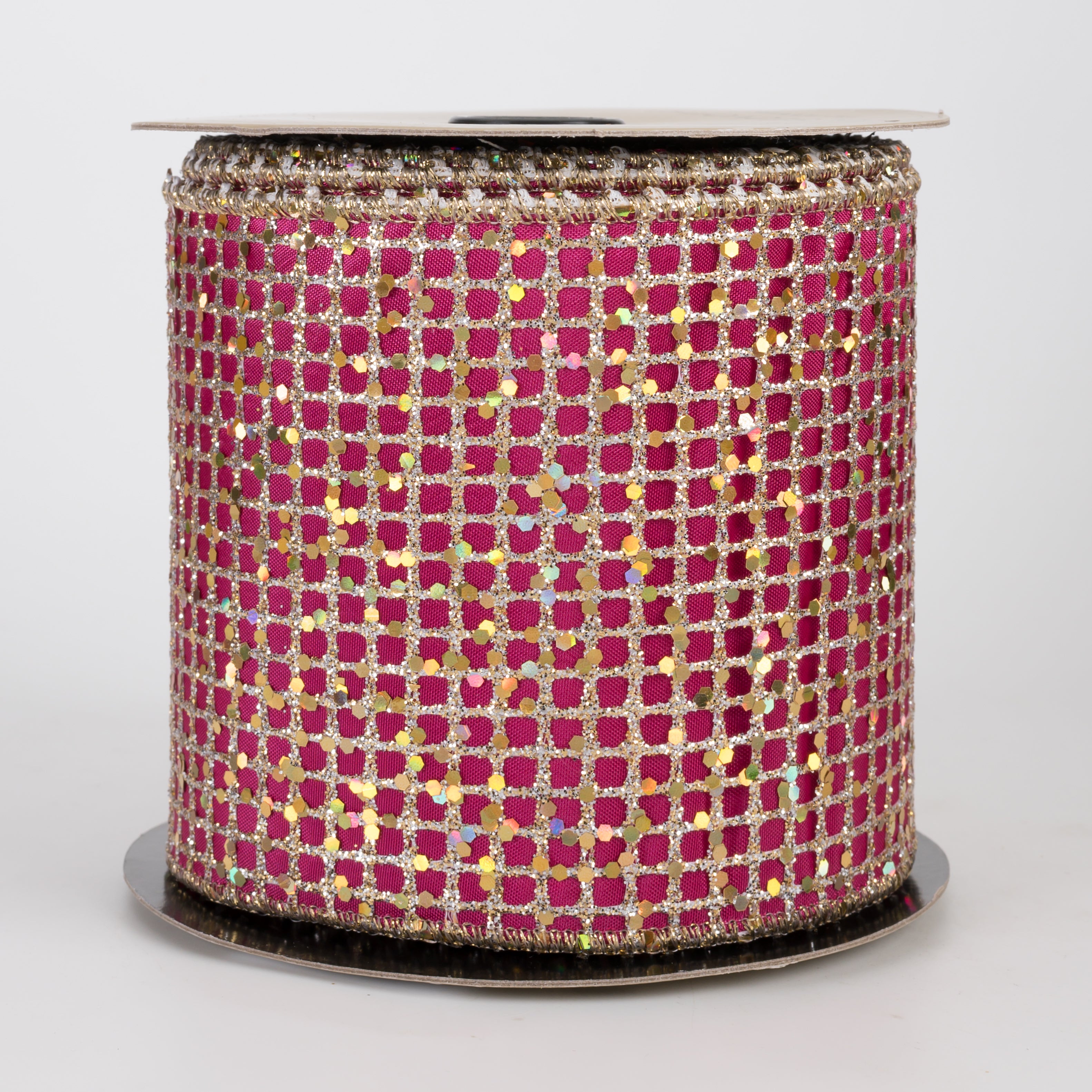 [D Stevens] 4" Taffeta Glitter Mesh Ribbon: Champagne & Fuchsia (10 Yards)
