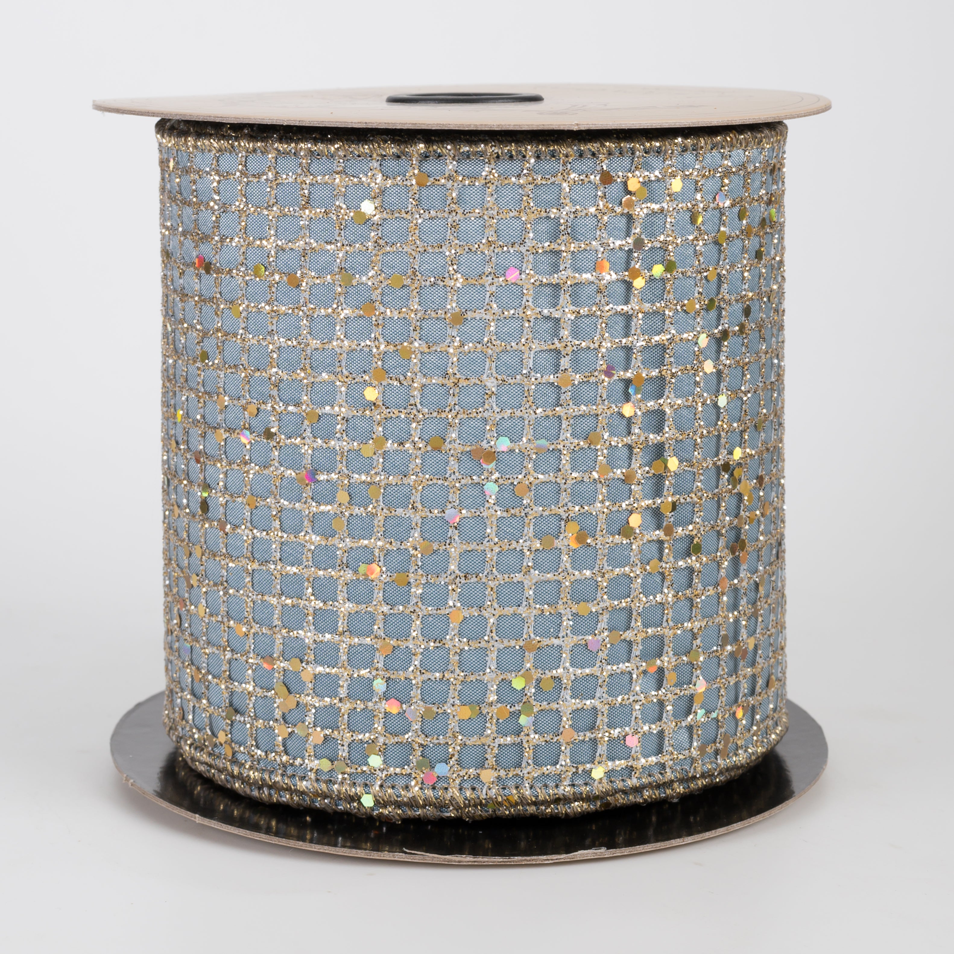 [D Stevens] 4" Taffeta Glitter Mesh Ribbon: Champagne & Slate Blue (10 Yards)