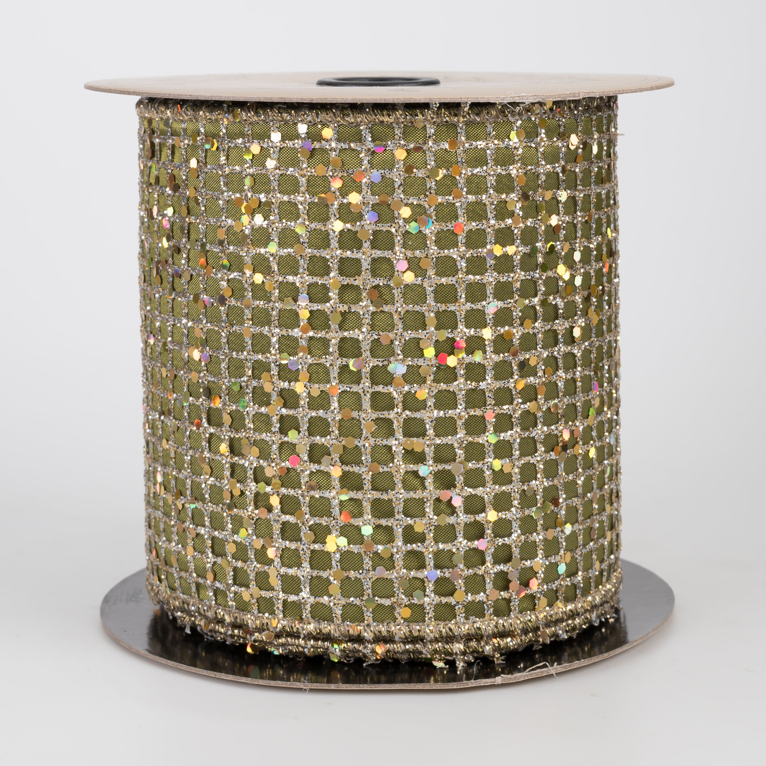 [D Stevens] 4" Taffeta Glitter Mesh Ribbon: Champagne & Olive (10 Yards)