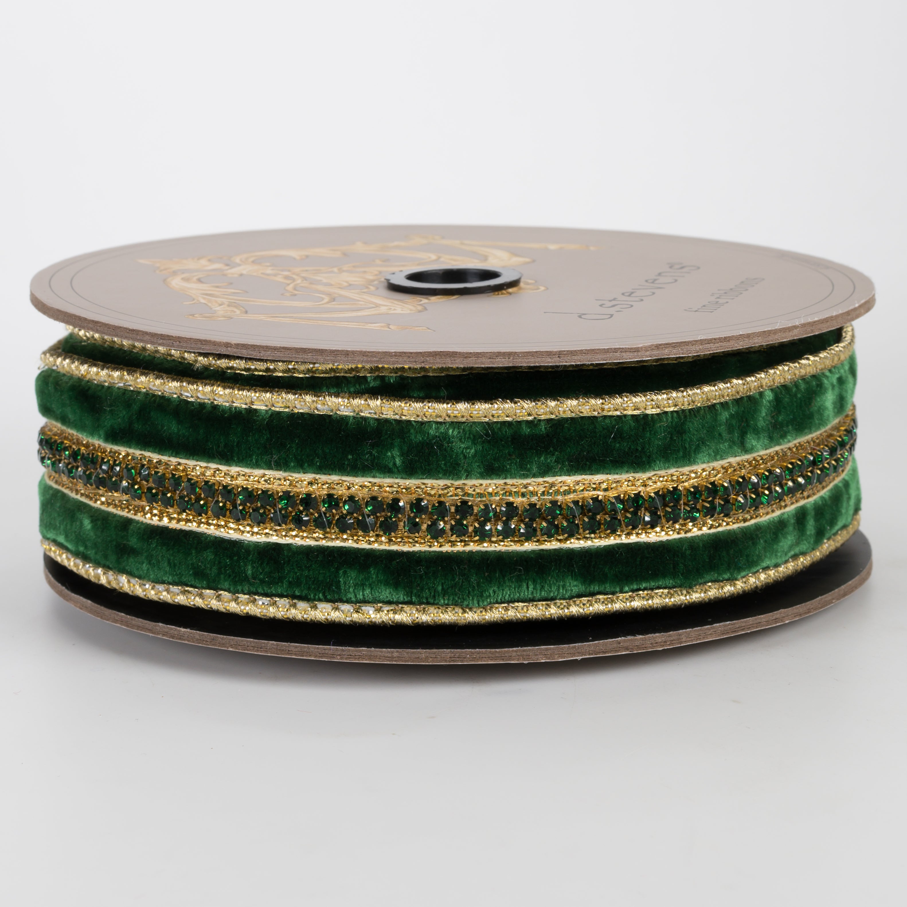 [D Stevens] 1.5" Jeweled Center Trim Velvet Gold Back Ribbon: Emerald Green (5 Yards)