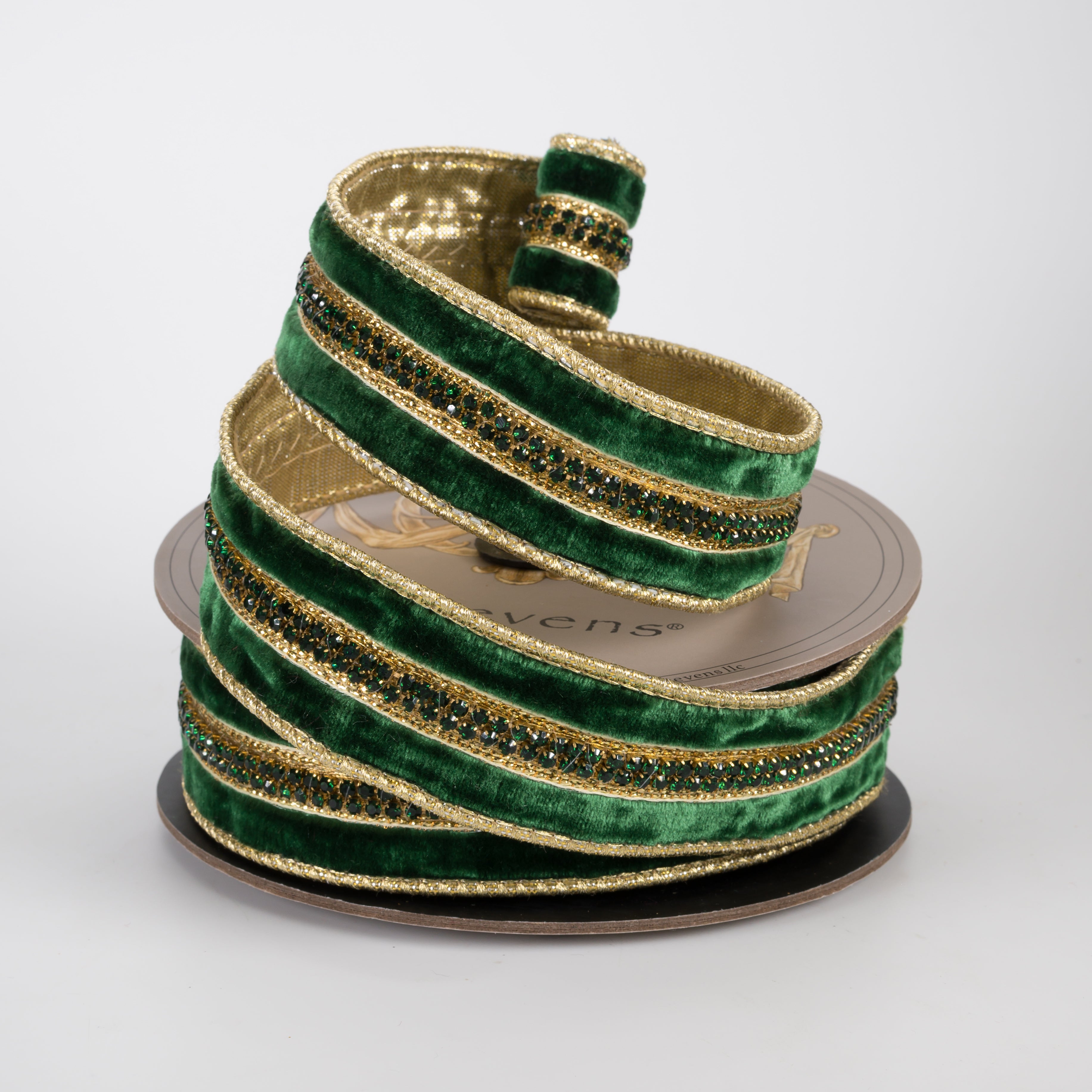 [D Stevens] 1.5" Jeweled Center Trim Velvet Gold Back Ribbon: Emerald Green (5 Yards)