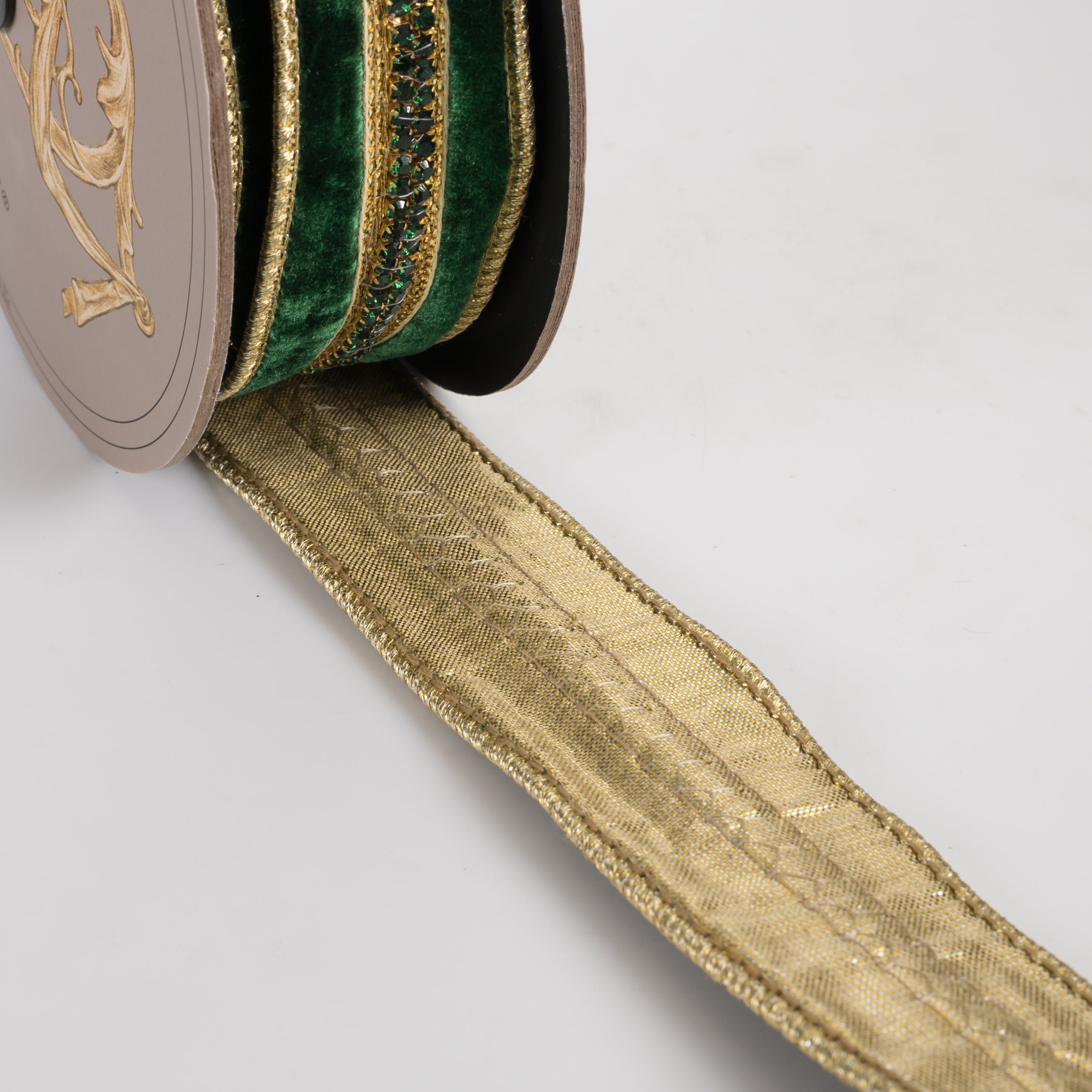 [D Stevens] 1.5" Jeweled Center Trim Velvet Gold Back Ribbon: Emerald Green (5 Yards)