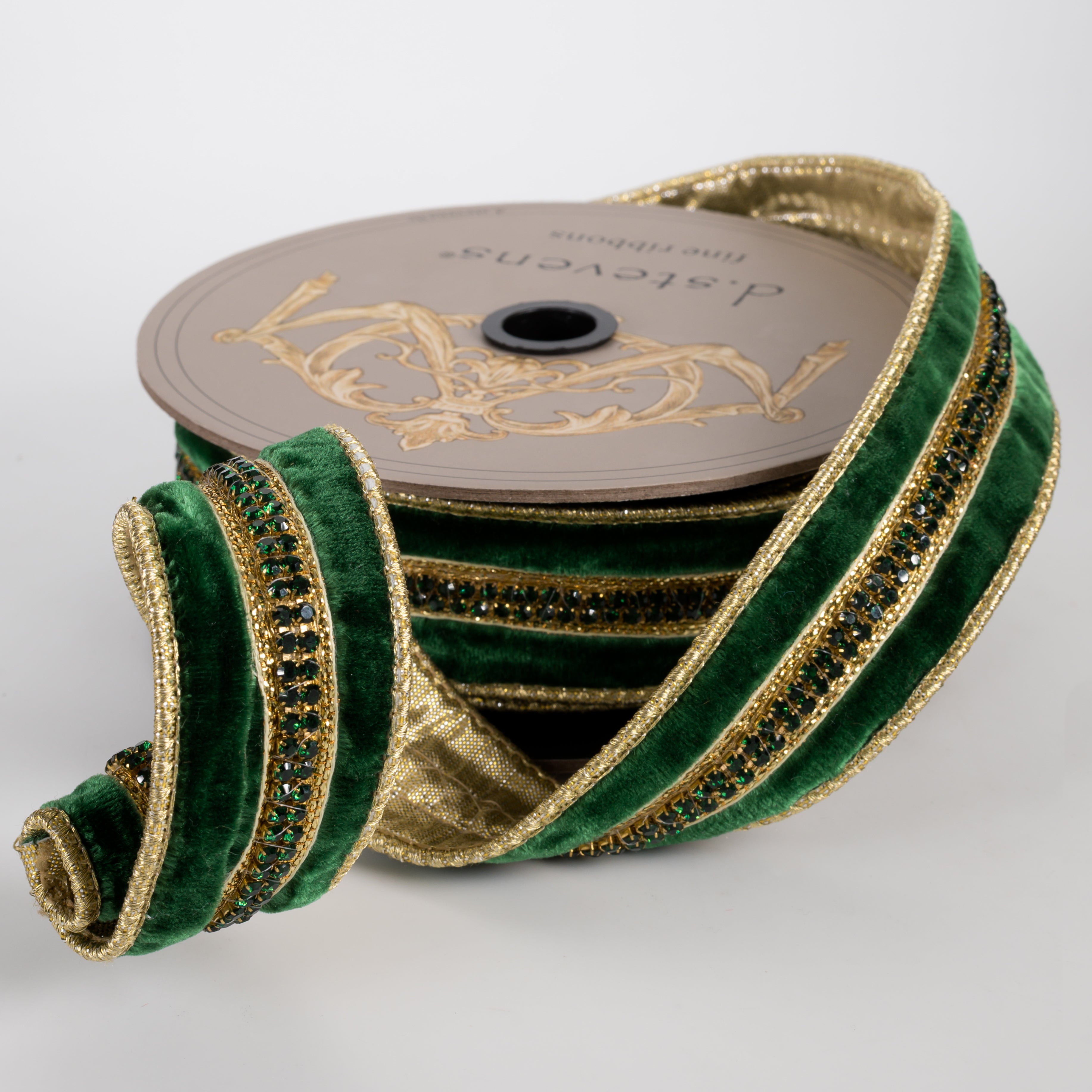 [D Stevens] 1.5" Jeweled Center Trim Velvet Gold Back Ribbon: Emerald Green (5 Yards)