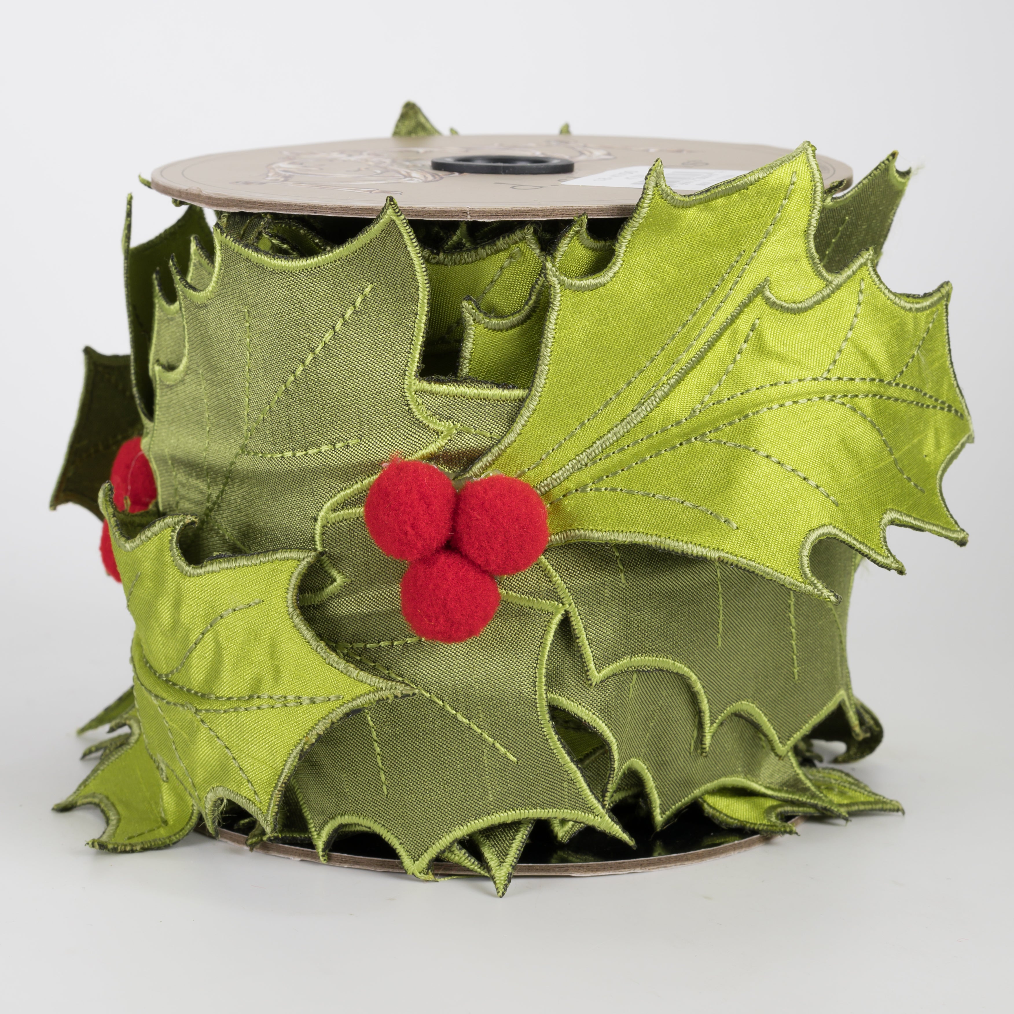 [D Stevens] 4" Satin Holly Leaves Cutouts & Berries Ribbon (3 Yards)