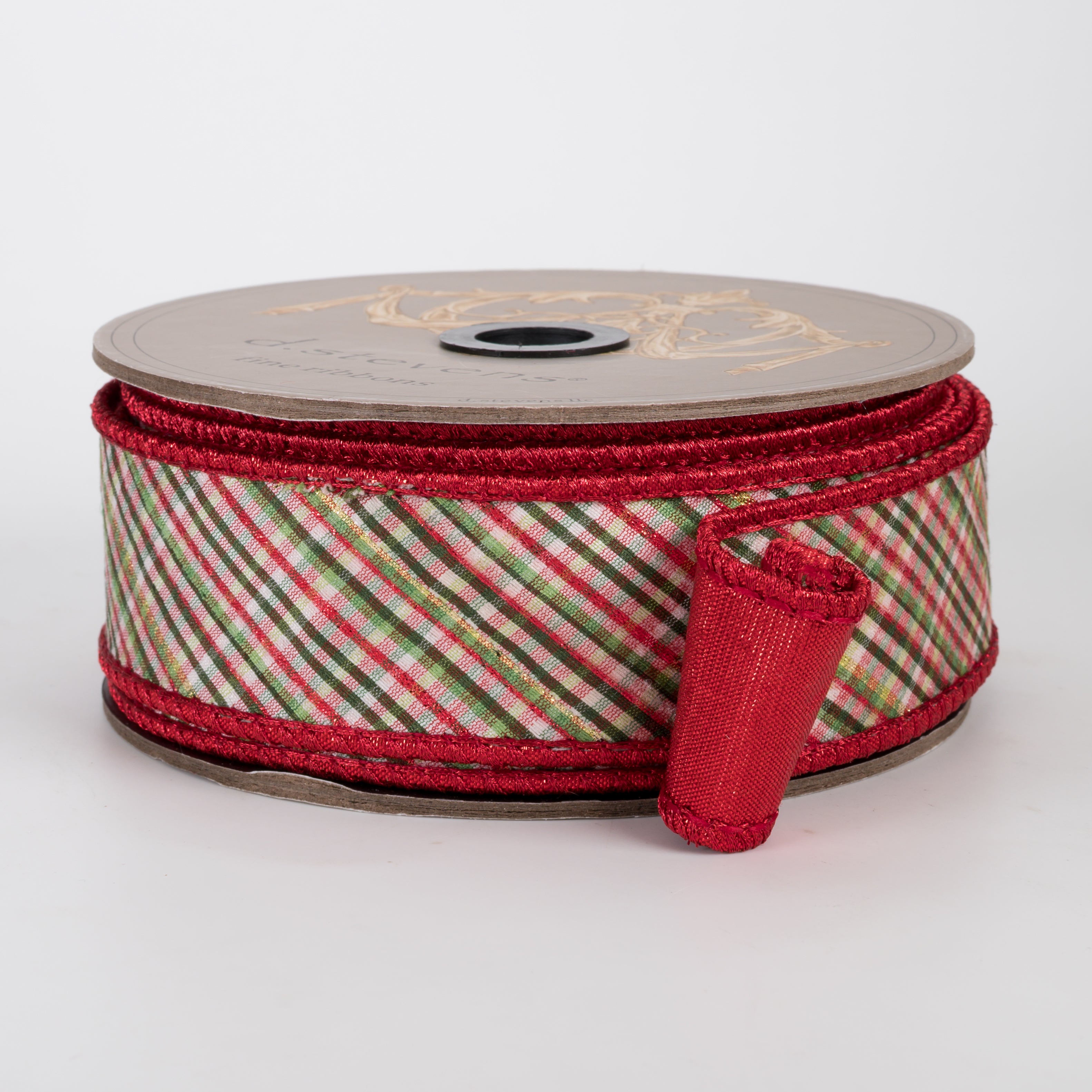 [D Stevens] 1.5" Dupioni Glitter Diagonal Archer Plaid Ribbon: Red, Green & White (10 Yards)