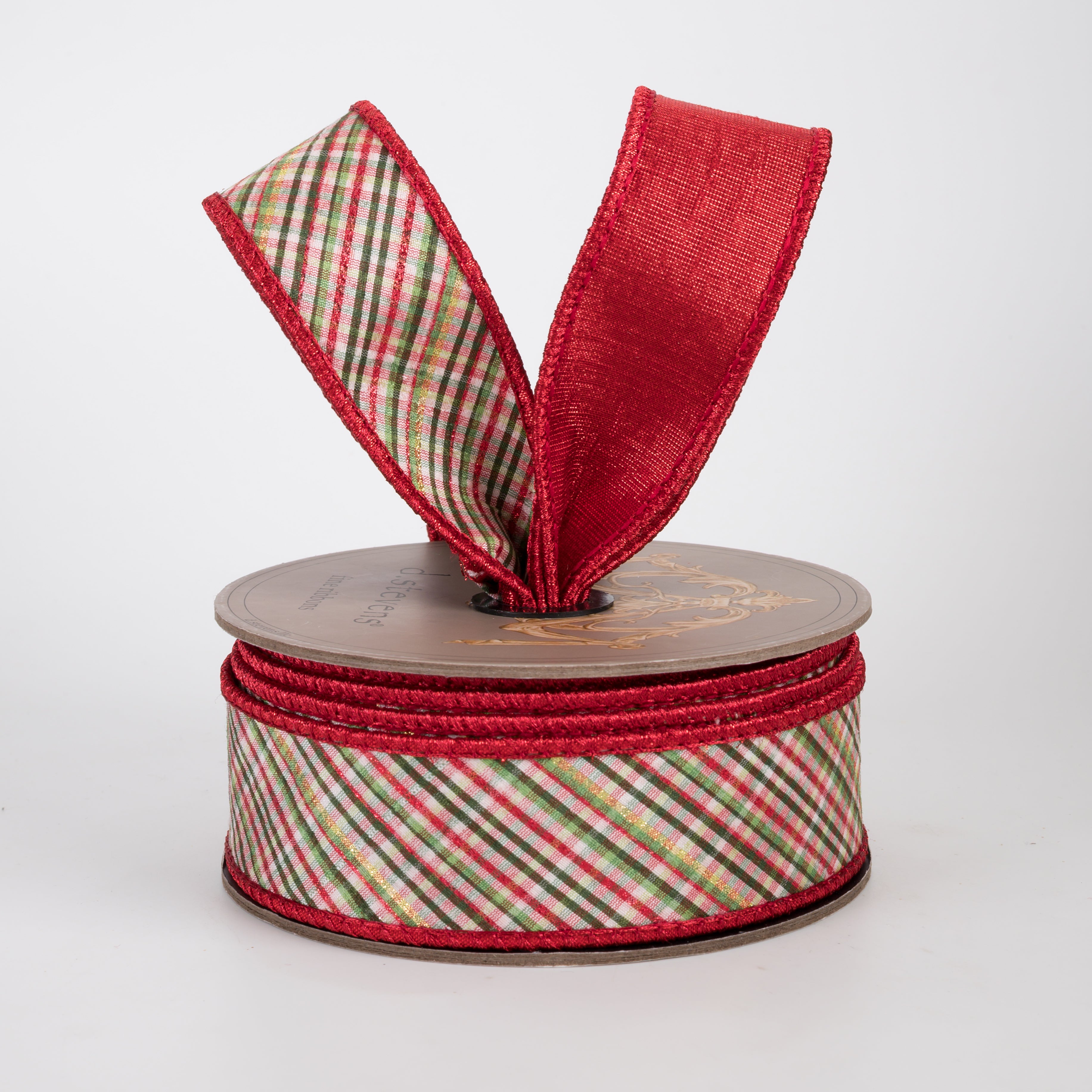 [D Stevens] 1.5" Dupioni Glitter Diagonal Archer Plaid Ribbon: Red, Green & White (10 Yards)