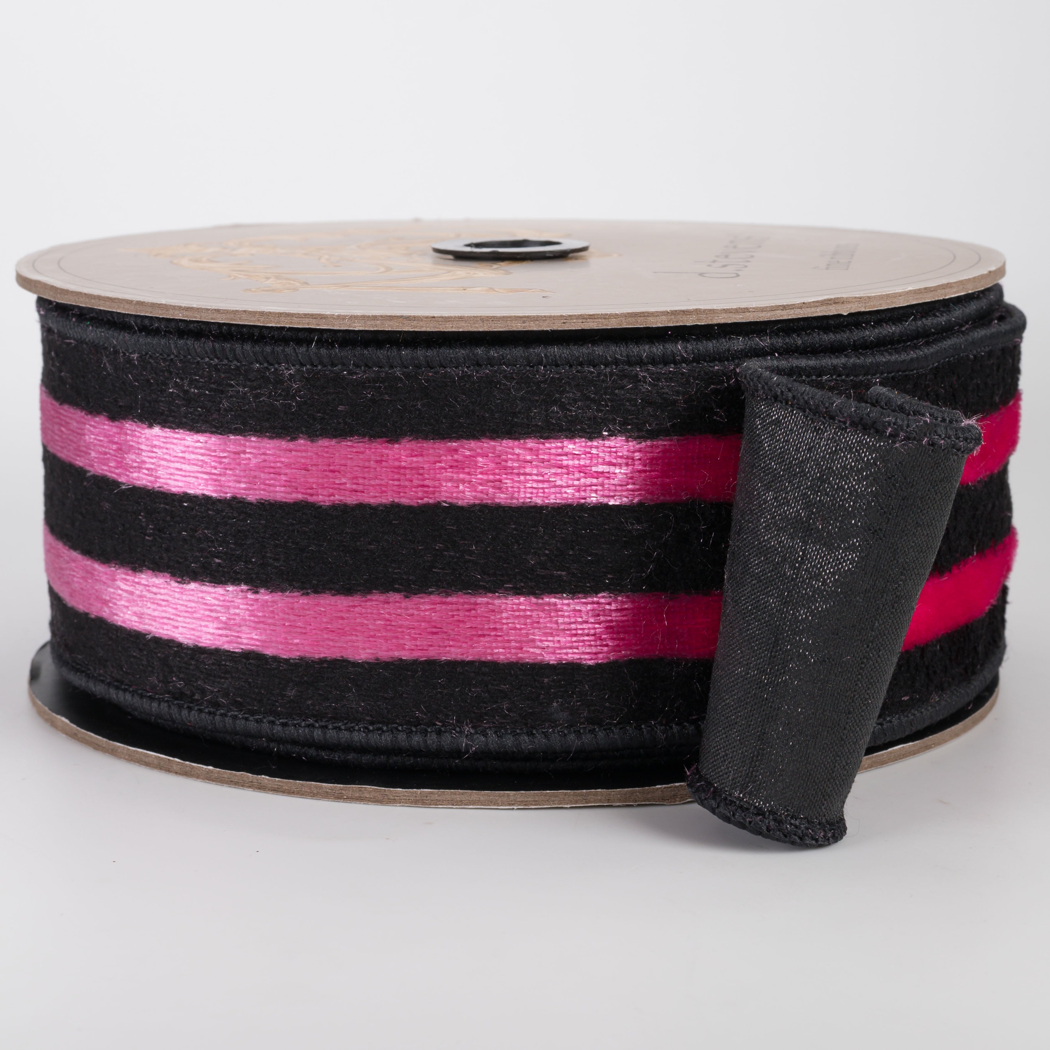 [D Stevens] 2.5" Ice Velvet Stripe Ribbon: Pink & Black (10 Yards)